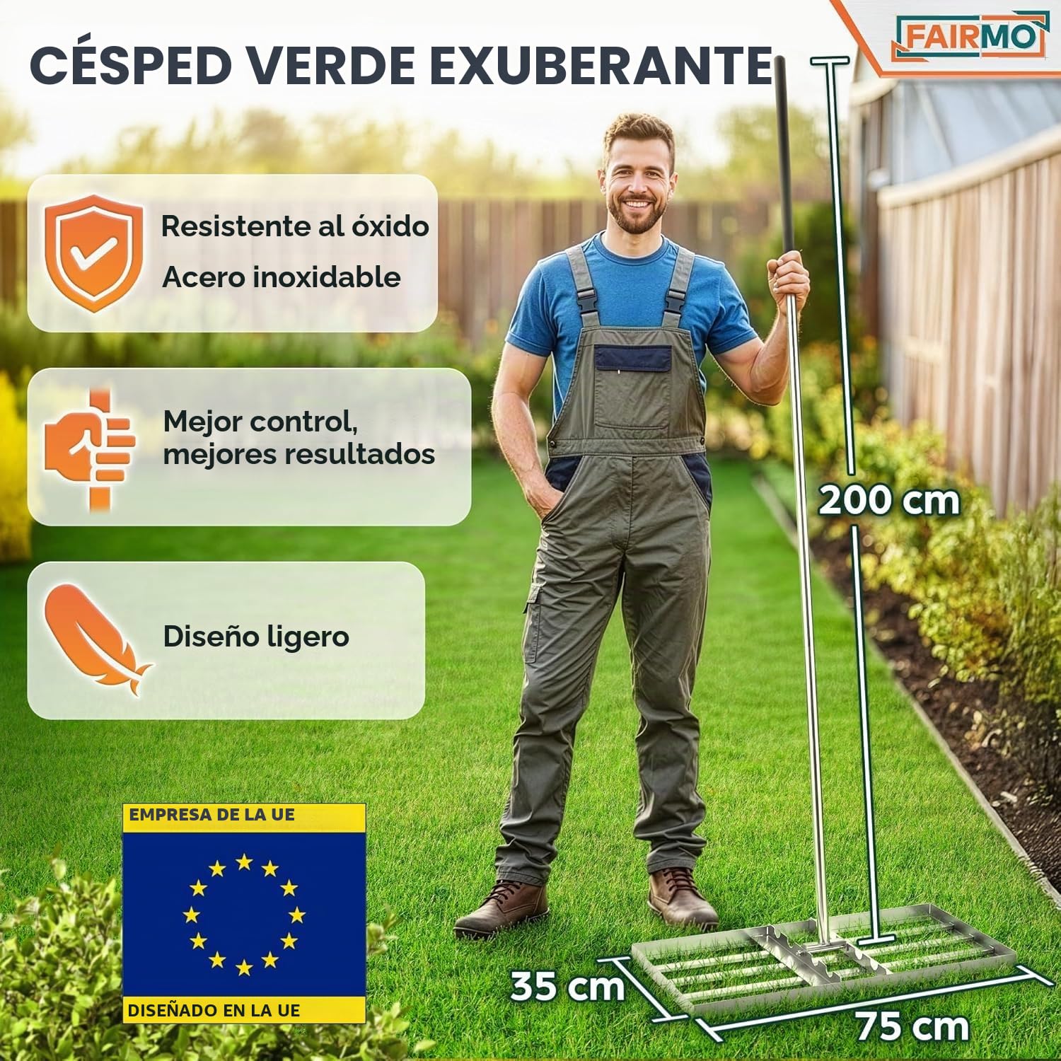 La práctica rasqueta para césped de Acero Inoxidable (75 x 35 cm) de Fairmo [para césped Verde Intenso] – Rasqueta para césped con Mango de 2 Metros – Cuidado del césped con rastrillo de nivelación –