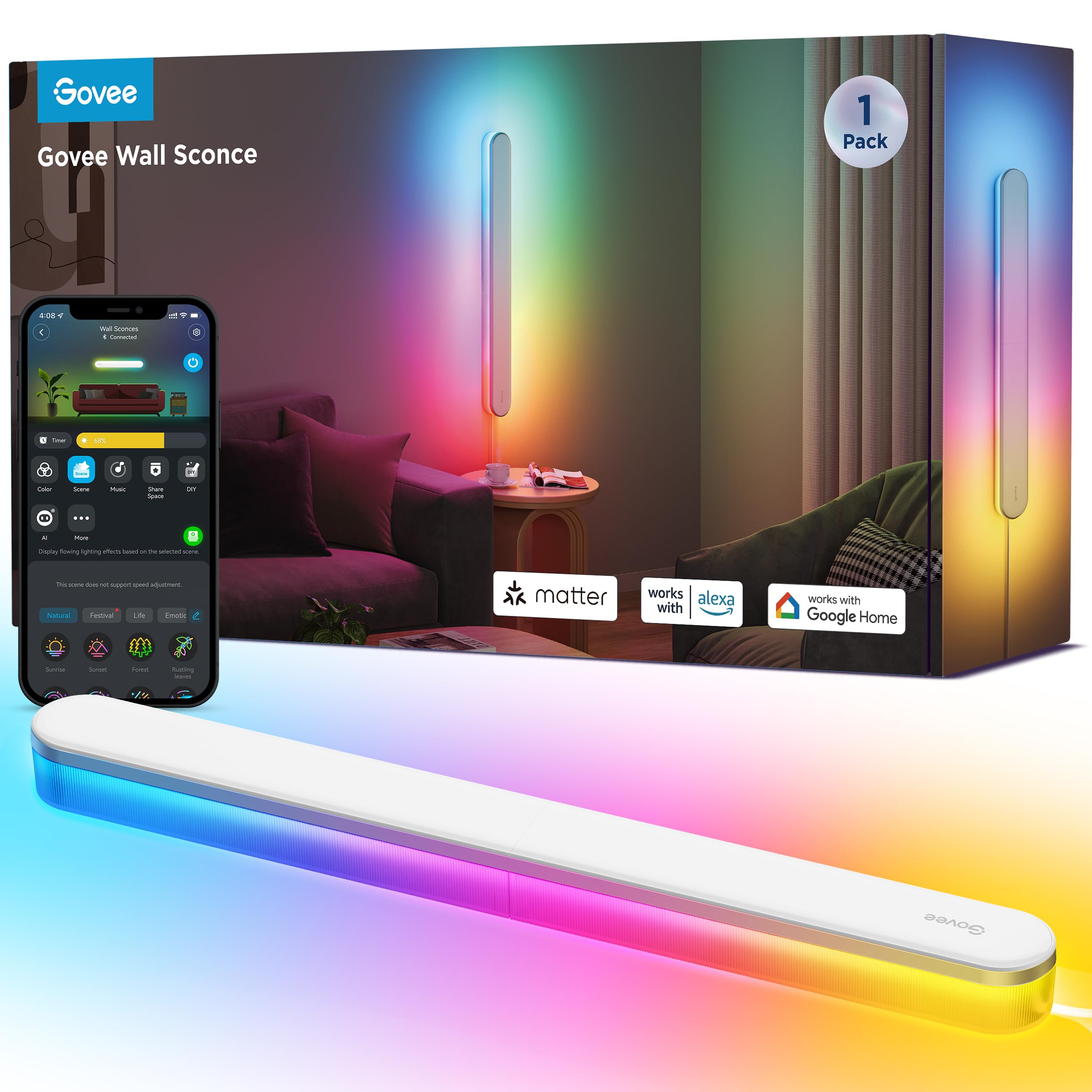 Govee RGBICW Wandleuchte Innen 1200lm Smart LED Wandlampe Musik-Sync 1Stück | Smart Wandleuchte Kompatibel mit Matter, Alexa & Google Assistant, Indirekte Beleuchtung für Wohnzimmer, Treppe, Flur