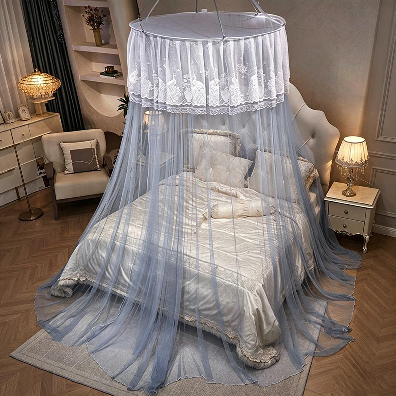 SARKEY Transparenter Netz Kuppel Bettvorhang,Hängende Bettnetzabdeckung Für Schlafzimmer,Prinzessinnen Betthimmel,luxuriöse Spitze,Runde,Eleganter,Erwachsene,Hochzeit Dekoration