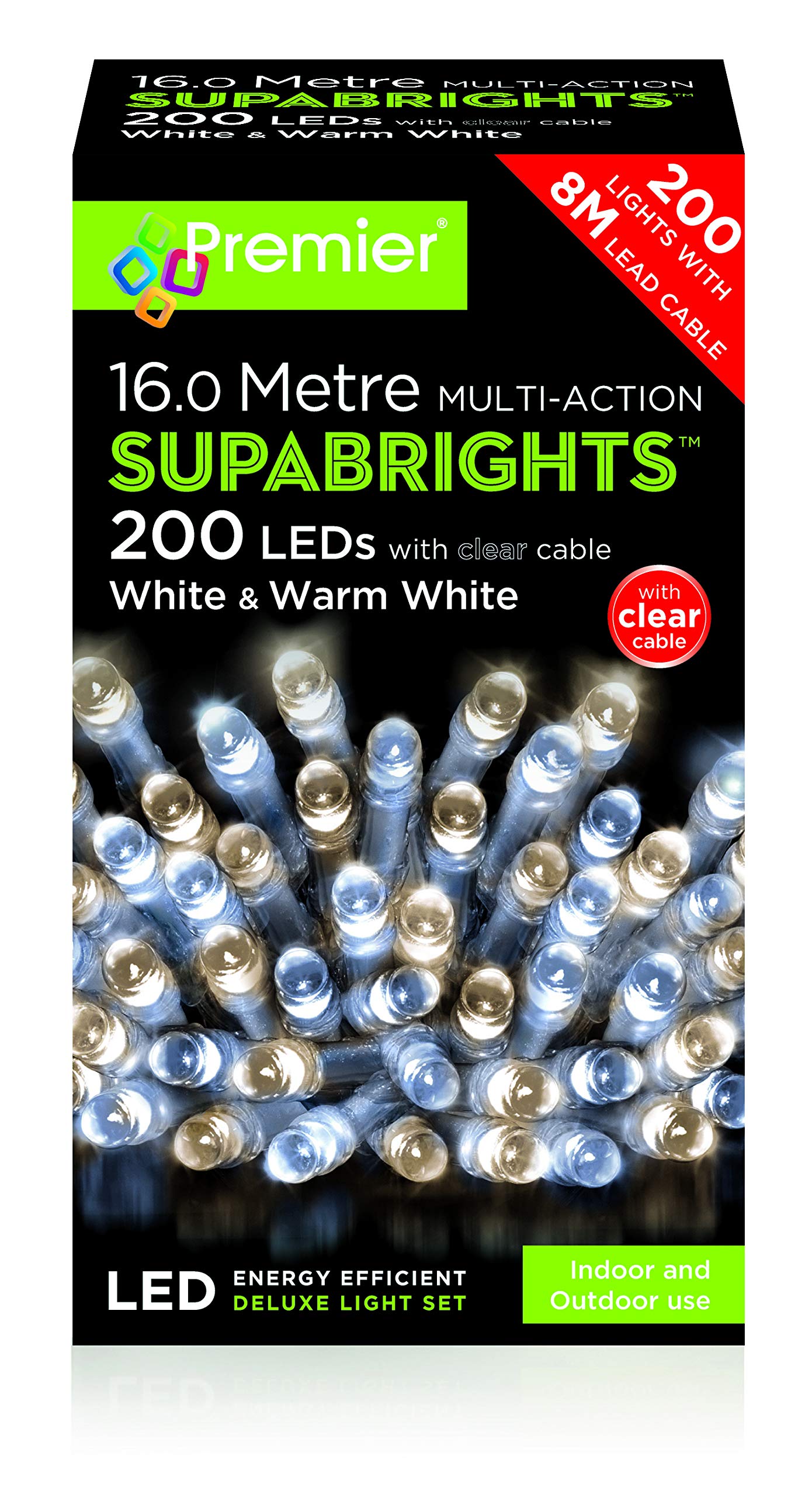 Premier Warm & Cool White Mix 16M 200 Led Outdoor Christmas Lights On Clear Wire