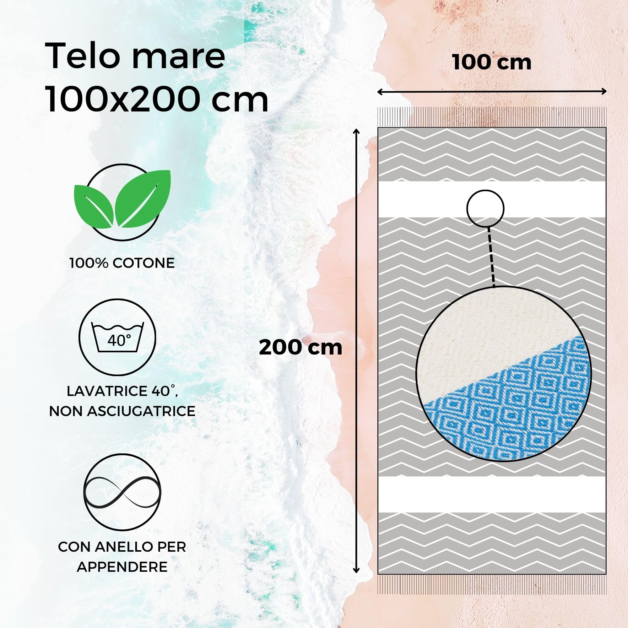 furora HOLIDAY Telo Mare Grande, cotone 100x200 cm | Telo Spiaggia antisabbia | Asciugamano Mare Fouta, frange e angoli - Pareo Donna Uomo Ragazzi | Pic Nic Beach Towel Coperta, lungo leggero