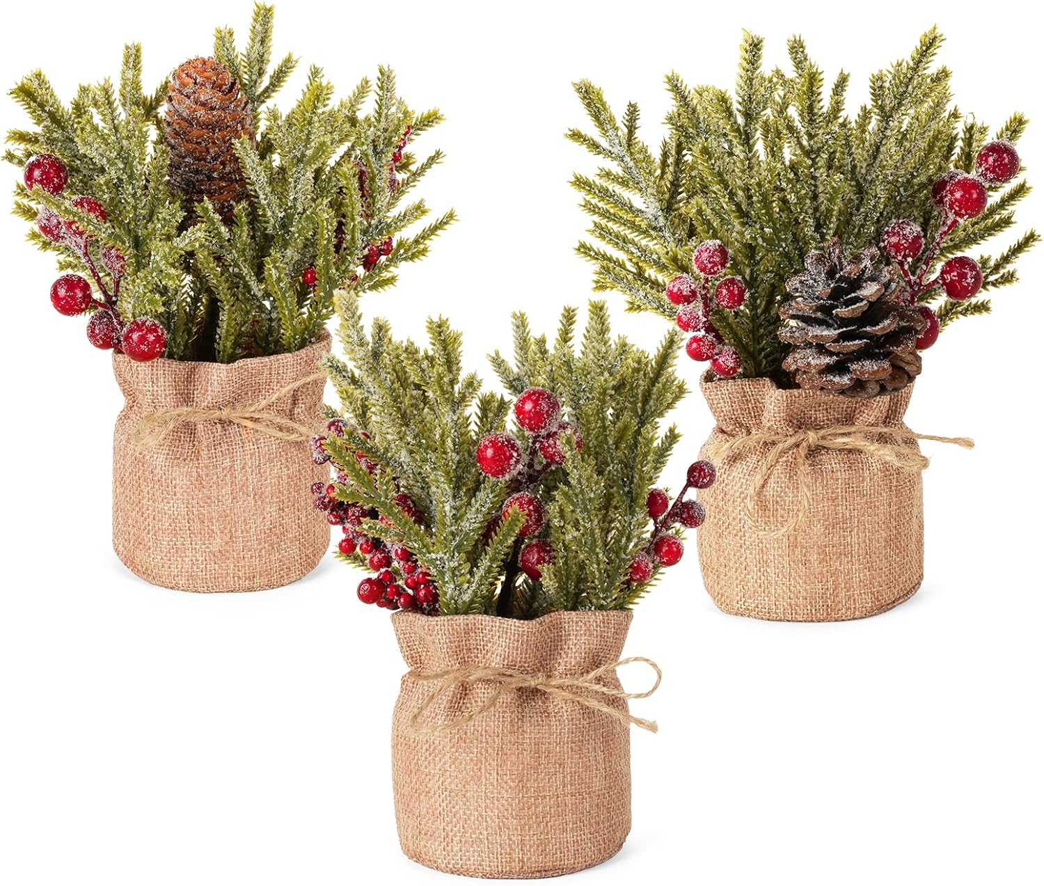 Velener Artificial Christmas Flowers for Outdoor-3 Pcs Faux Pine Branches with Red Berries & Pinecones, Fake Christmas Greenery Stems with Burlap Bag Vase, Winter Norfolk Pine Branches for Indoor