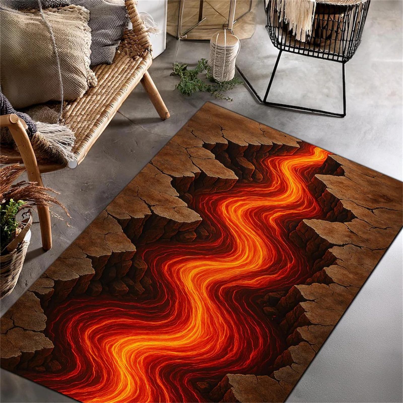 USHIRUG Lava Area Rug, 180x260cm Brown Rocks and Red Lava Optical Illusion 3D Printed Carpet, Abstract Design Natural Landscape Cool Room Decor, Washable Low Pile Rugs for Living Room and Dining Room