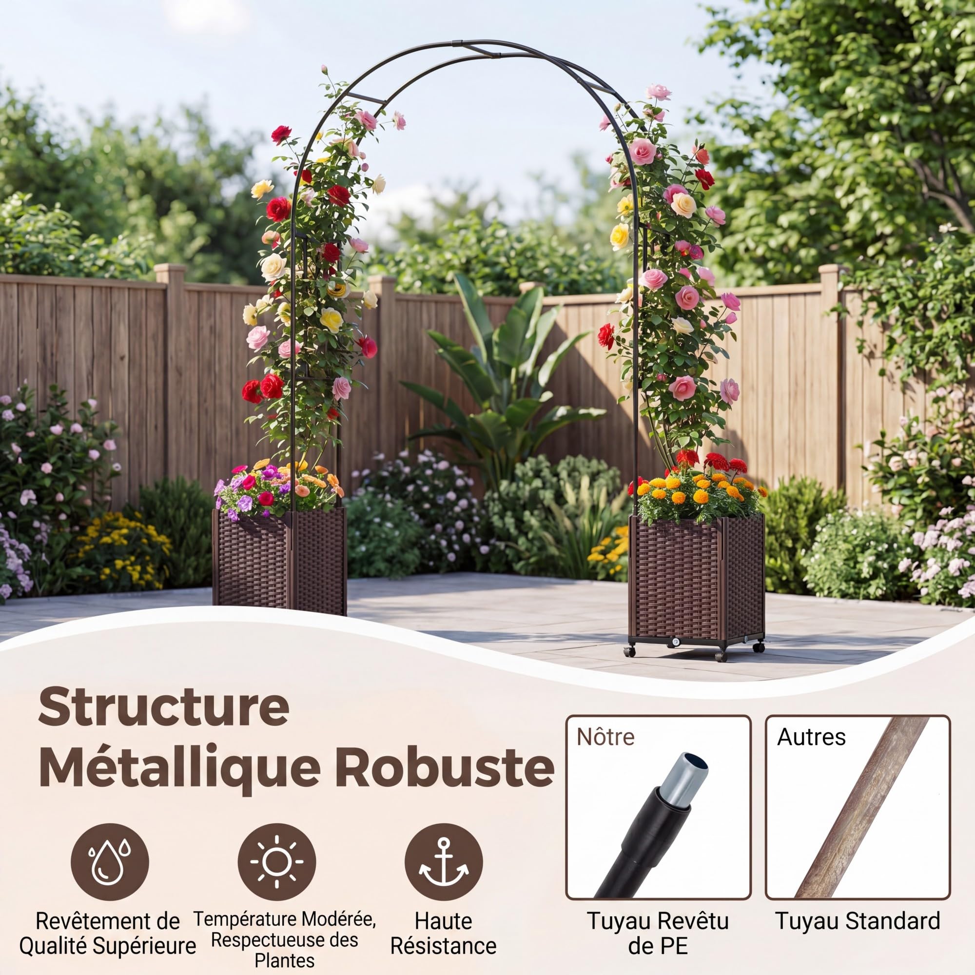 GOPLUS Arche de Jardin avec 2 Jardinères Surélevées, Roues Verrouillables, Arche Rosier avec Treillis Arqué, Auto-Arrosage pour Plantes Grimpantes, Fleurs, Herbes, Légumes, Fruits (203x40x232CM)