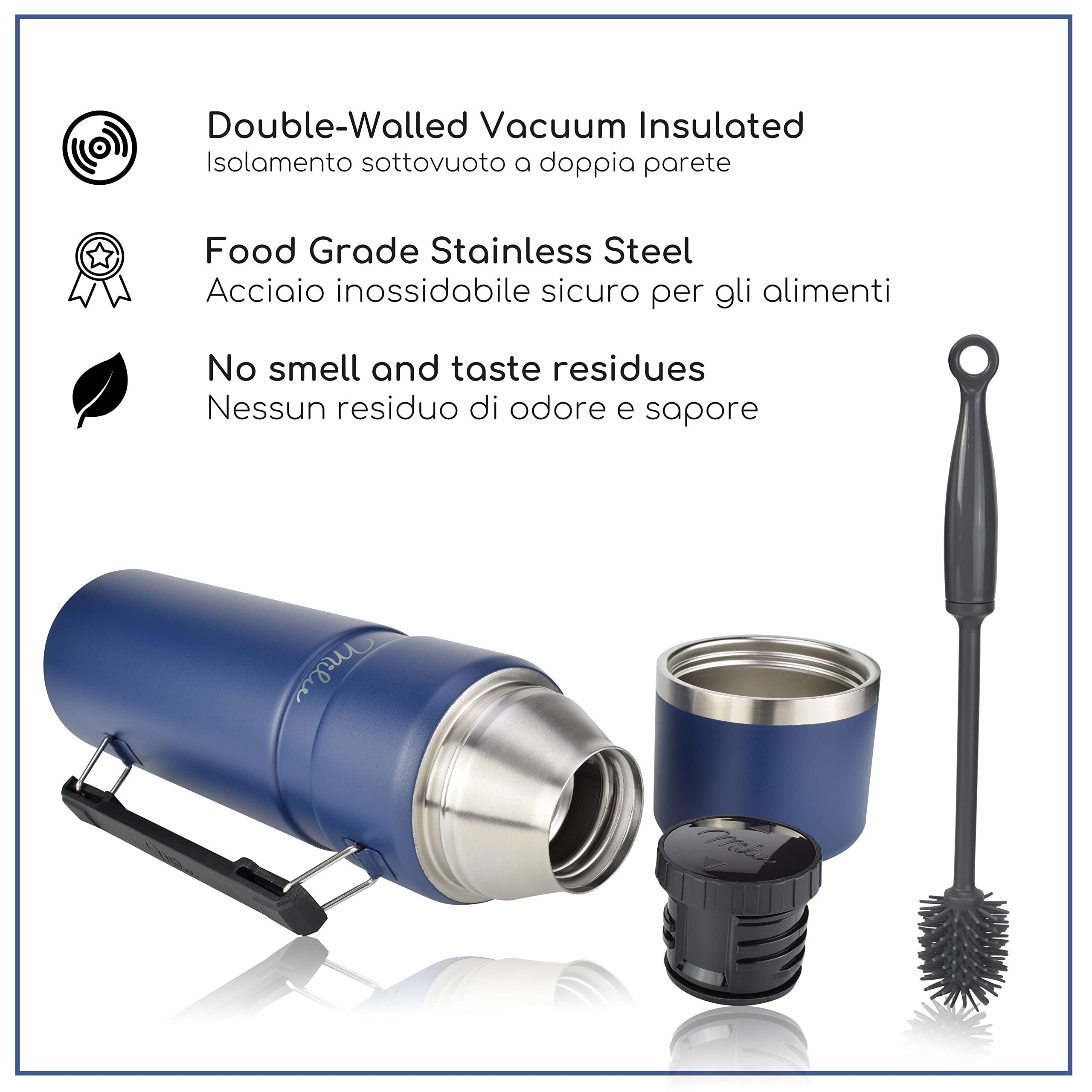 Milu Bottiglia thermos con manico TBottiglia isolata Thermos 1L - Bottiglia isolata in acciaio inox, 100% a prova di perdite, isolamento a doppia parete (Blu Navy, 1000ml)