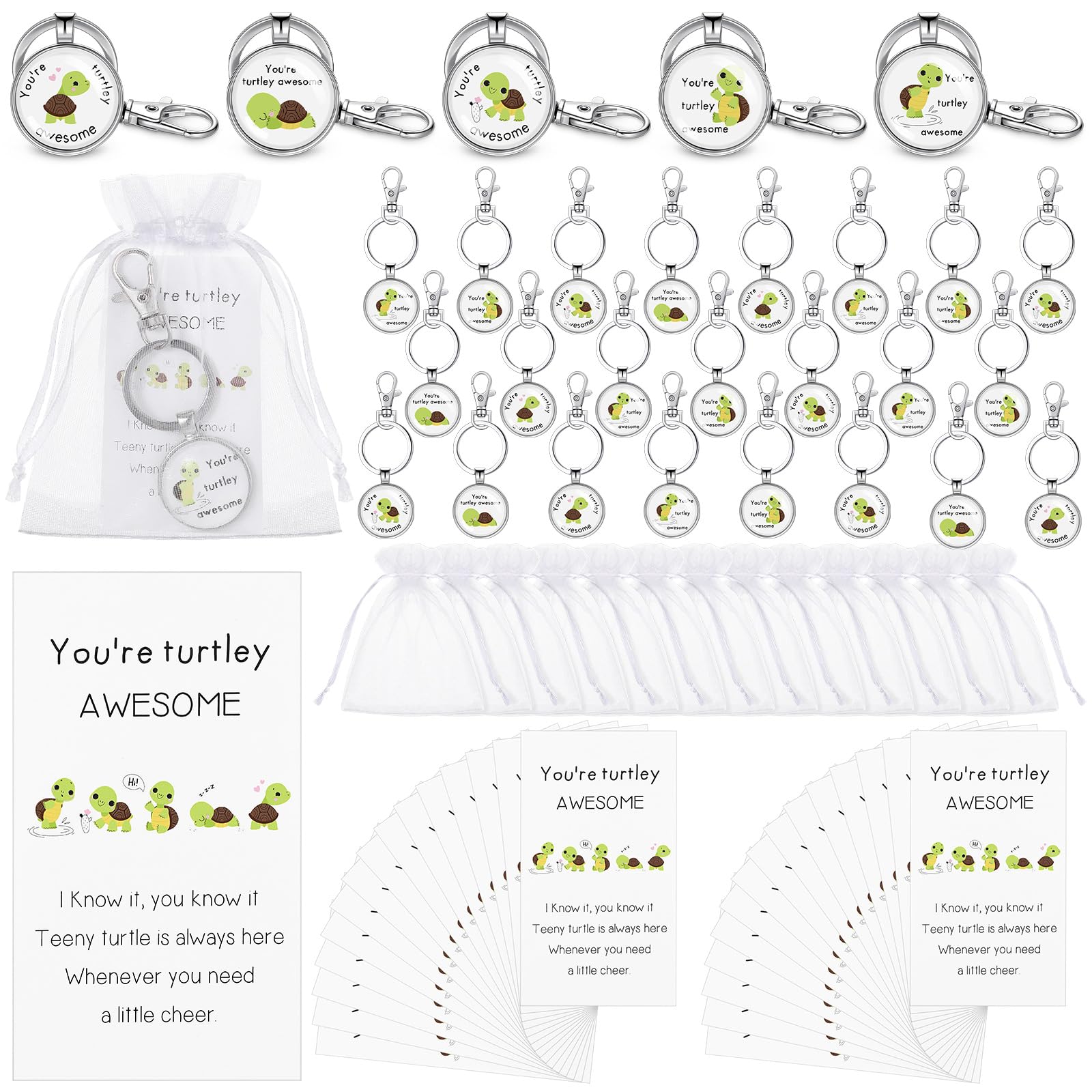 Blulu30 Sets Inspirational Gift Bulk Include 30 You're Turtley Awesome Keychains 30 Thank You Note Cards and 30 Organza Bags for Coworkers Appreciation Pocket Favors