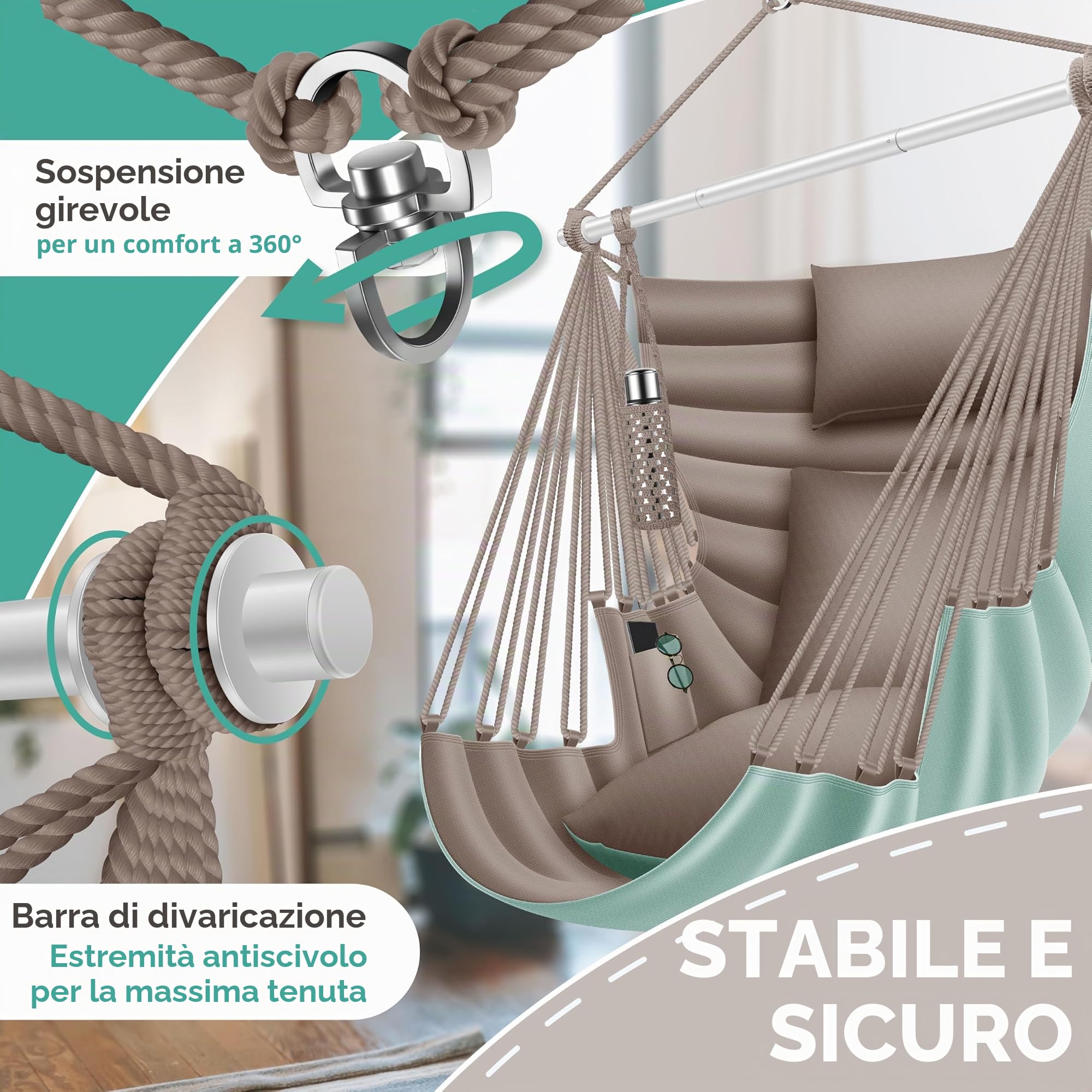 KESSER® Poltrona sospesa Haiti, portata 150 kg, girevole a 360°, altalena sospesa per interni ed esterni, resistente ai raggi UV e all'acqua, facile da pulire, include 2 cuscini, borsa per il