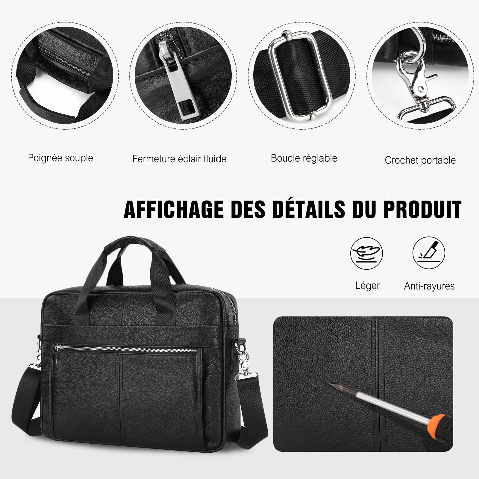 FANDARE 14 Pouces Sacoche Ordinateur Portable, Sacoche de Protection Imperméable Cuir Sac à Bandoulière Homme Mallette Valise Messager Porté en Main Sacs Professionnel Porte-Documents Business Voyage