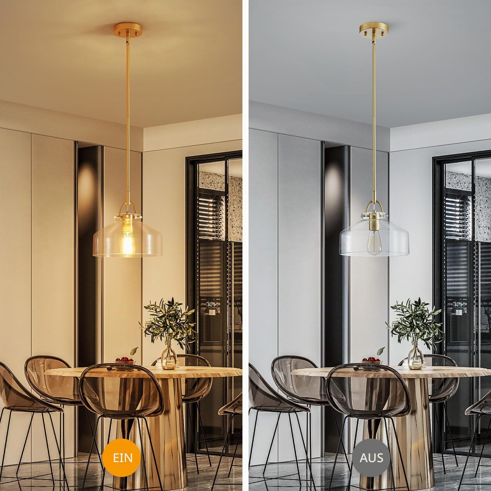WUZUPS Kronleuchter Rustikale Bauernhaus Industrielle Runde Decke Pendel LED-Leuchte mit klaren Glasschirmen für Esszimmer Küche Insel Foyer Eingangsbereich, H24 W27, E27 Base, Gold