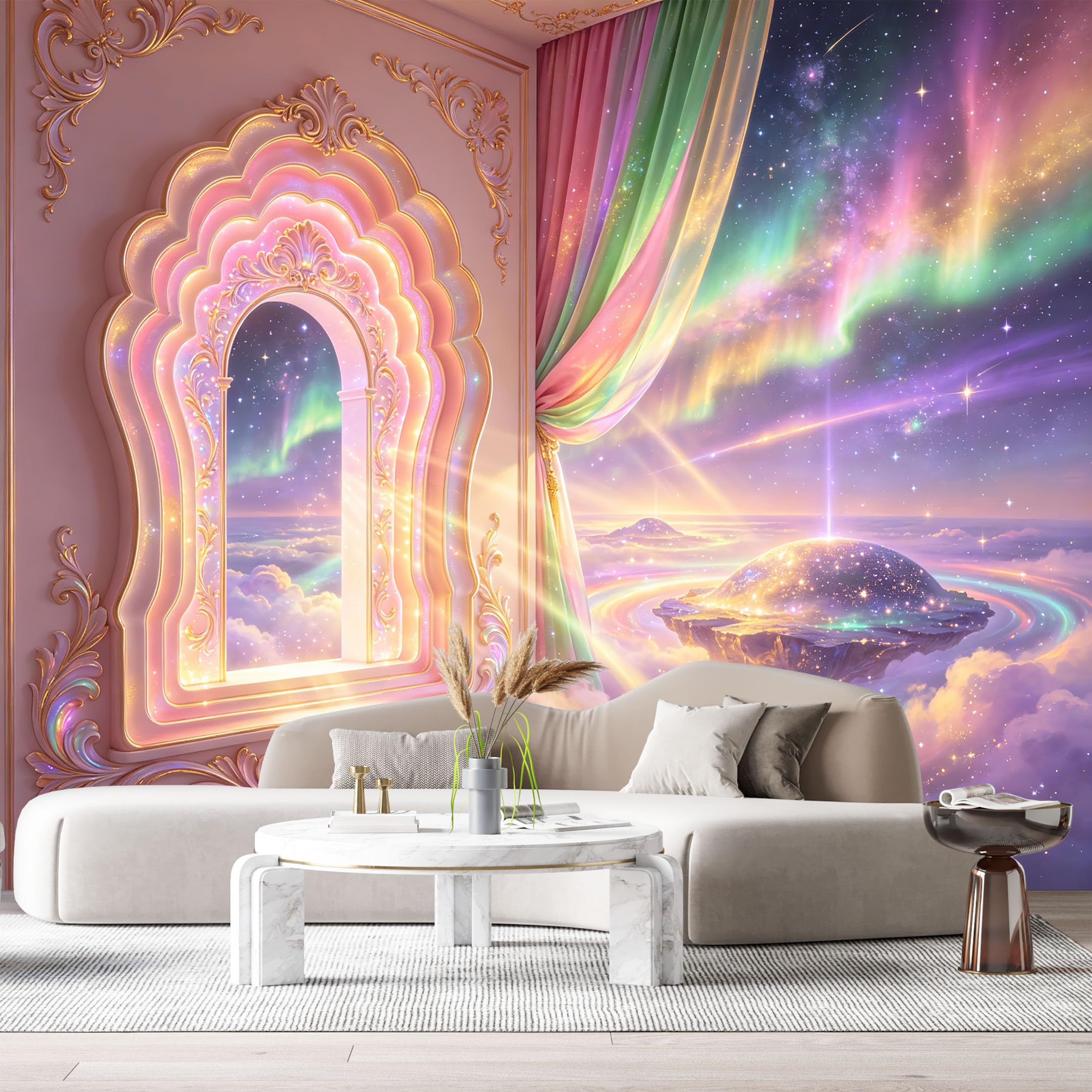 Custom Size Wall Murals Fantasy Cosmic Aurora Floating Islands 3D Trompe L'Oeil SelfAdhesiveWall Fabric Removable Wallpaper Wall Decor for Living Room Bedroom Bathroom