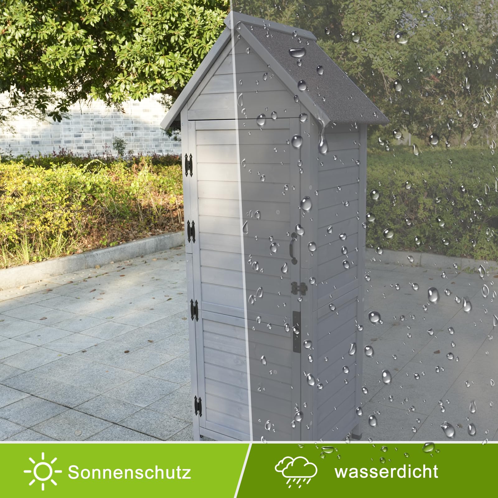 Armoire de jardin d'extérieur grise à 3 étagères, ferrures de porte de haute qualité, toit en asphalte