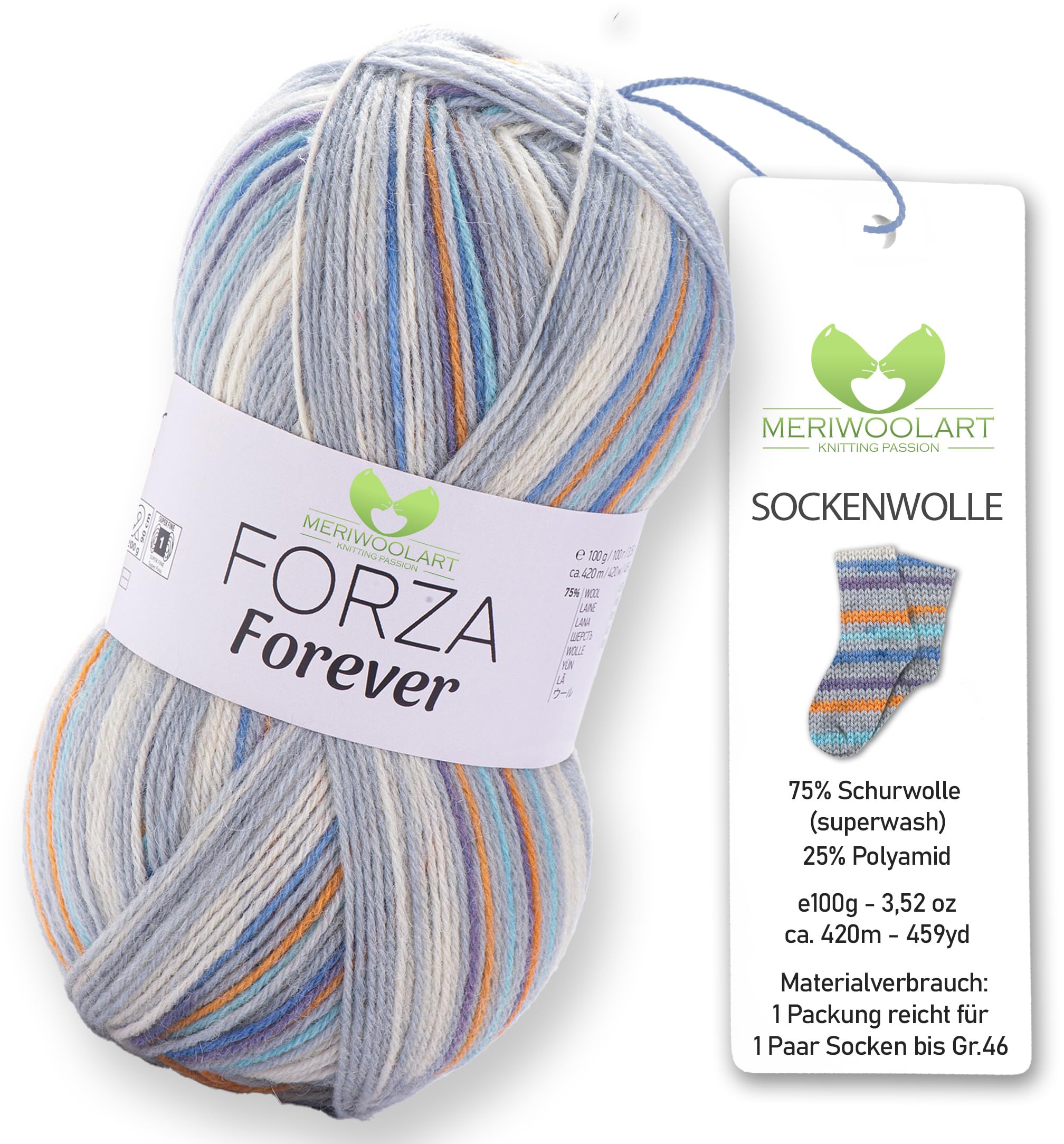 MeriWoolArt Sock Yarn, 75% Virgin Wool, 25% Polyamide, 420m, 100g, 4-Ply Merino Wool for Knitting (VARIEGATED-2713)