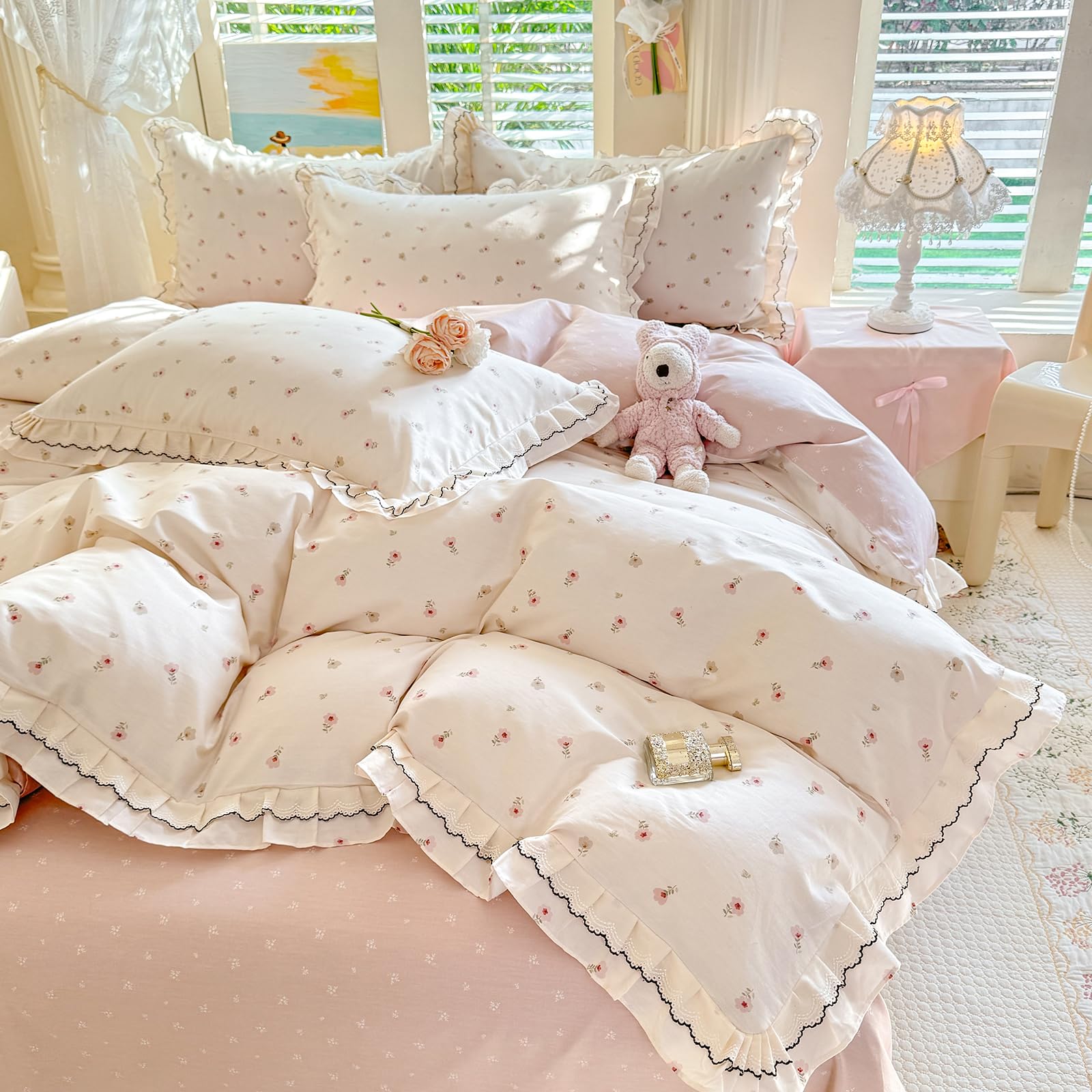 mixinni Shabby Chic Tiny Pink Floral Duvet Cover Twin, 100% Cotton Reversible Bedding with Double Ruffle Black Lace Trim, Vintage Farmhouse Princess Comforter Cover with Zipper & Corner Ties — image 1