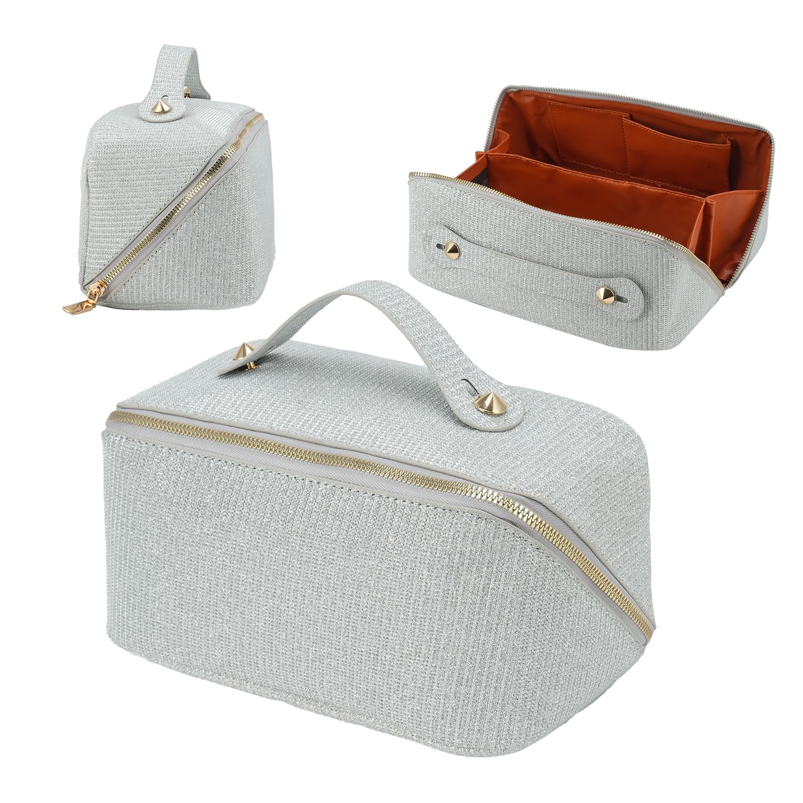 CELEDAS Cosmetic bag - check pattern cosmetic bag - waterproof portable skincare bag - large capacity cosmetic bag for women - with handle separator - white - fashion (Sparkling silver)