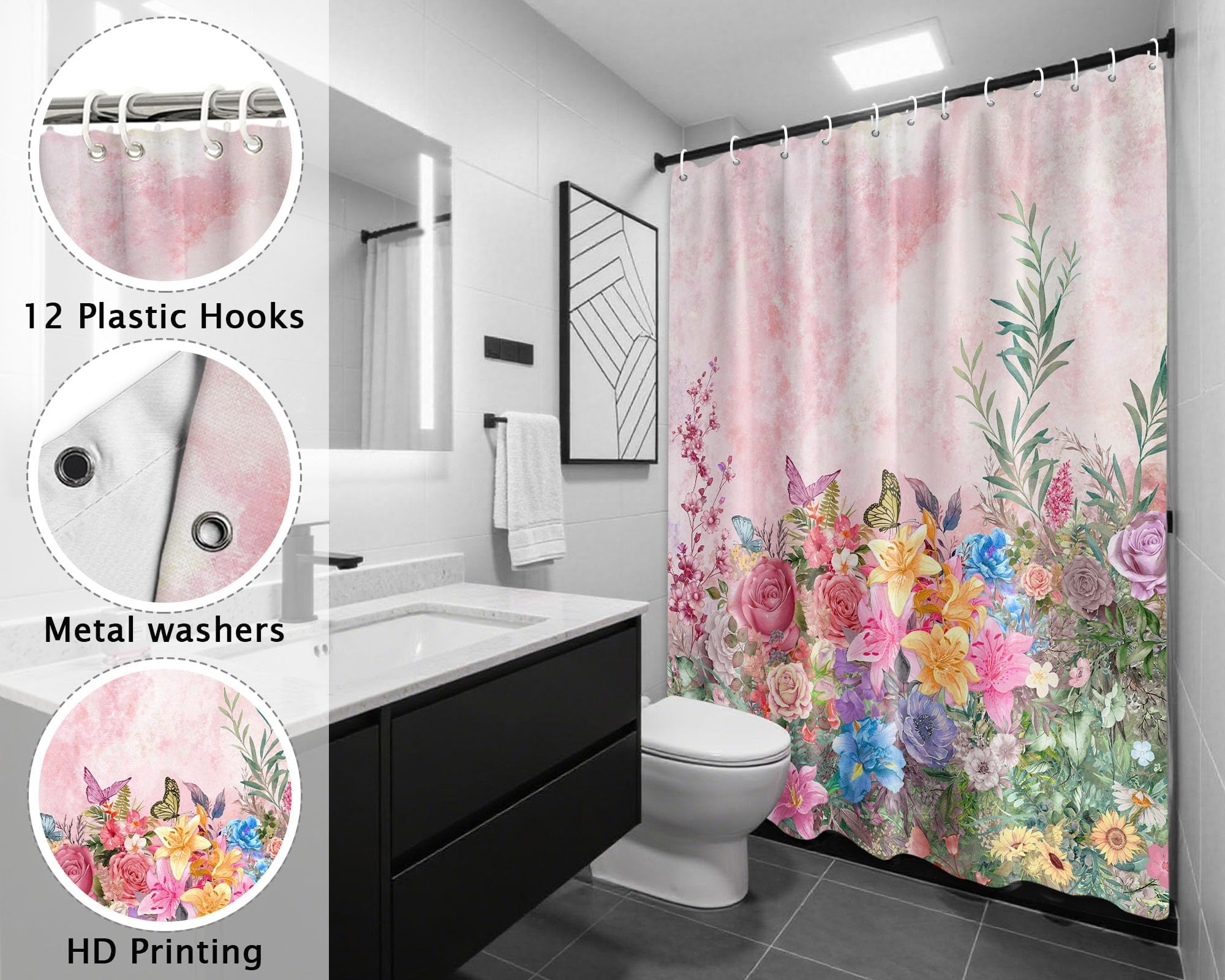 Rideau de Douche Rose printanier à Motif Floral et botanique, imperméable, avec Crochets, 244x200cm(LxH)