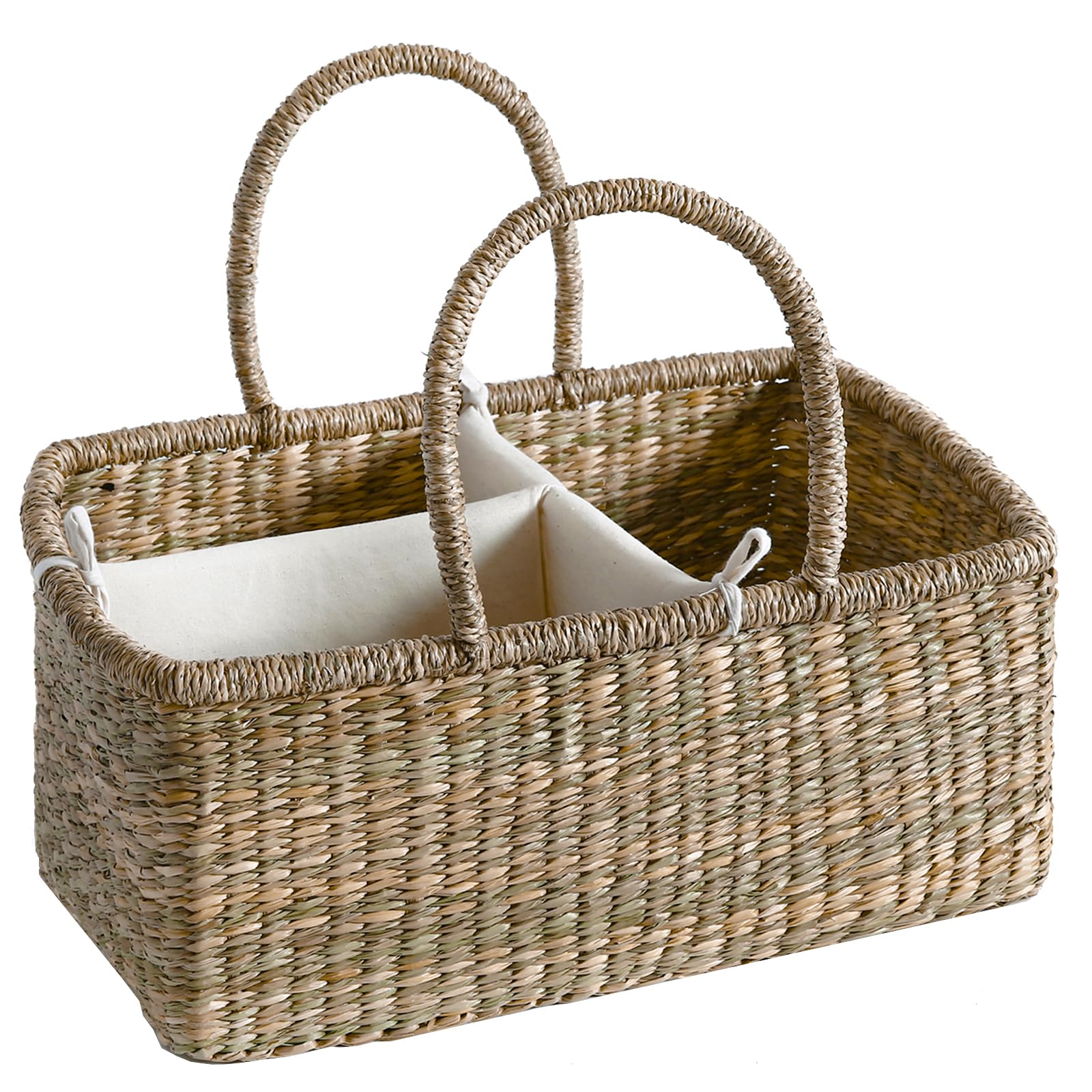 Quincry Premium Wicker Baby Diaper Caddy Organizer Woven Seagrass Basket with Handles Diaper Basket with Dividers Rectangle