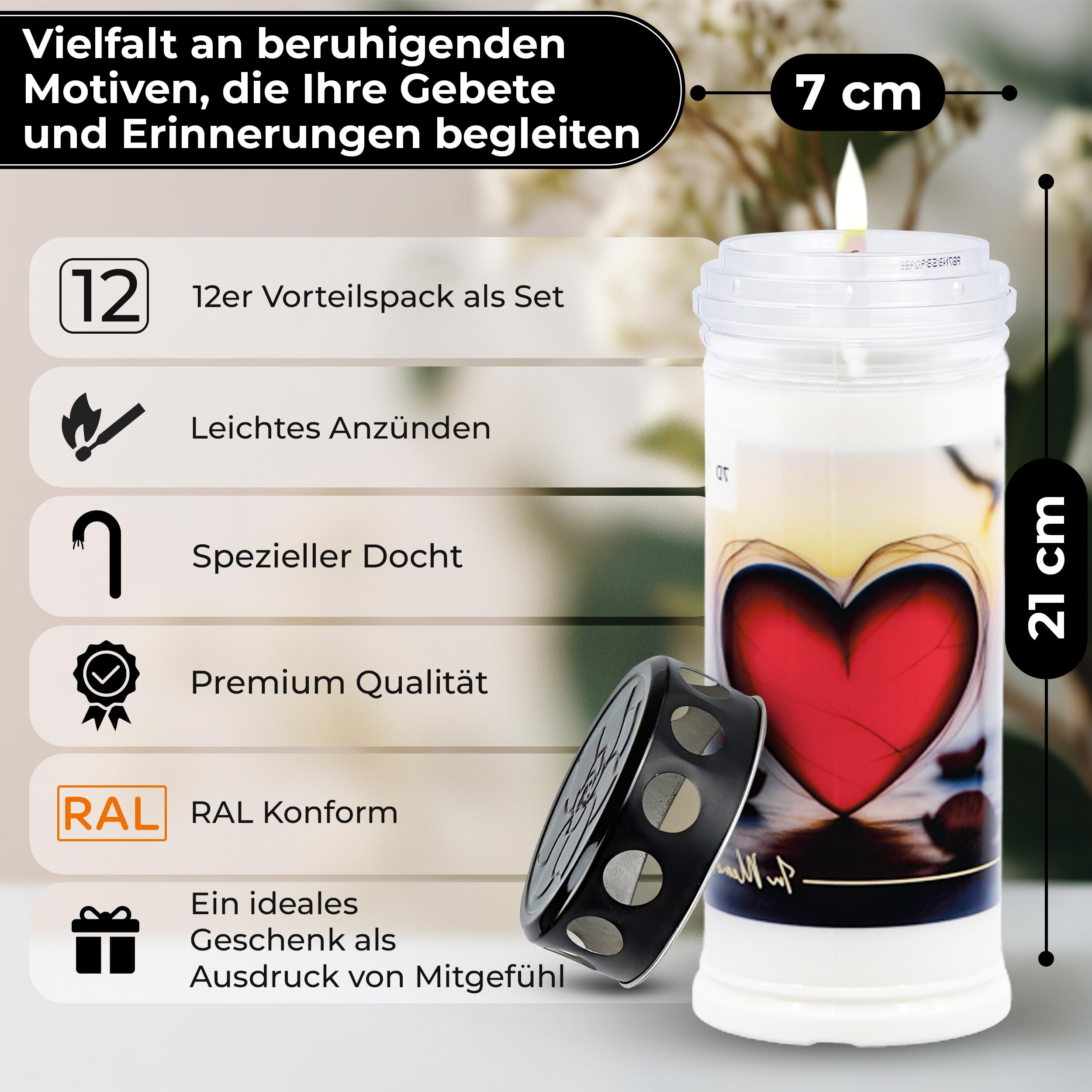 12er Set EMILAS GRABKERZEN 7 Tage Brenndauer – Trauerkerzen für ein stilvolles Grabdeko – Grabschmuck mit 5 Motiven – Grablichter mit Deckel – Friedhofskerze für Ruhestätten