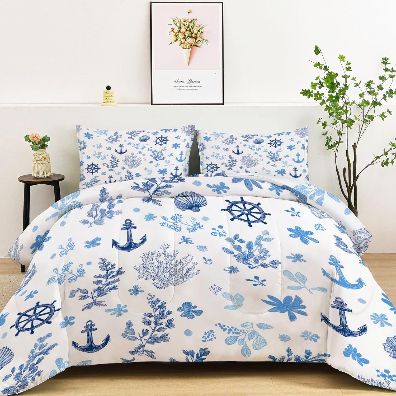 Bedding Ocean Plants Flowers Comforter Set with 2 Pillow Shams, 3 Piece Soft Twin Bed Comforter Navy Blue Bedding for Boys and Girls, Lightweight, Breathable, Easy Care