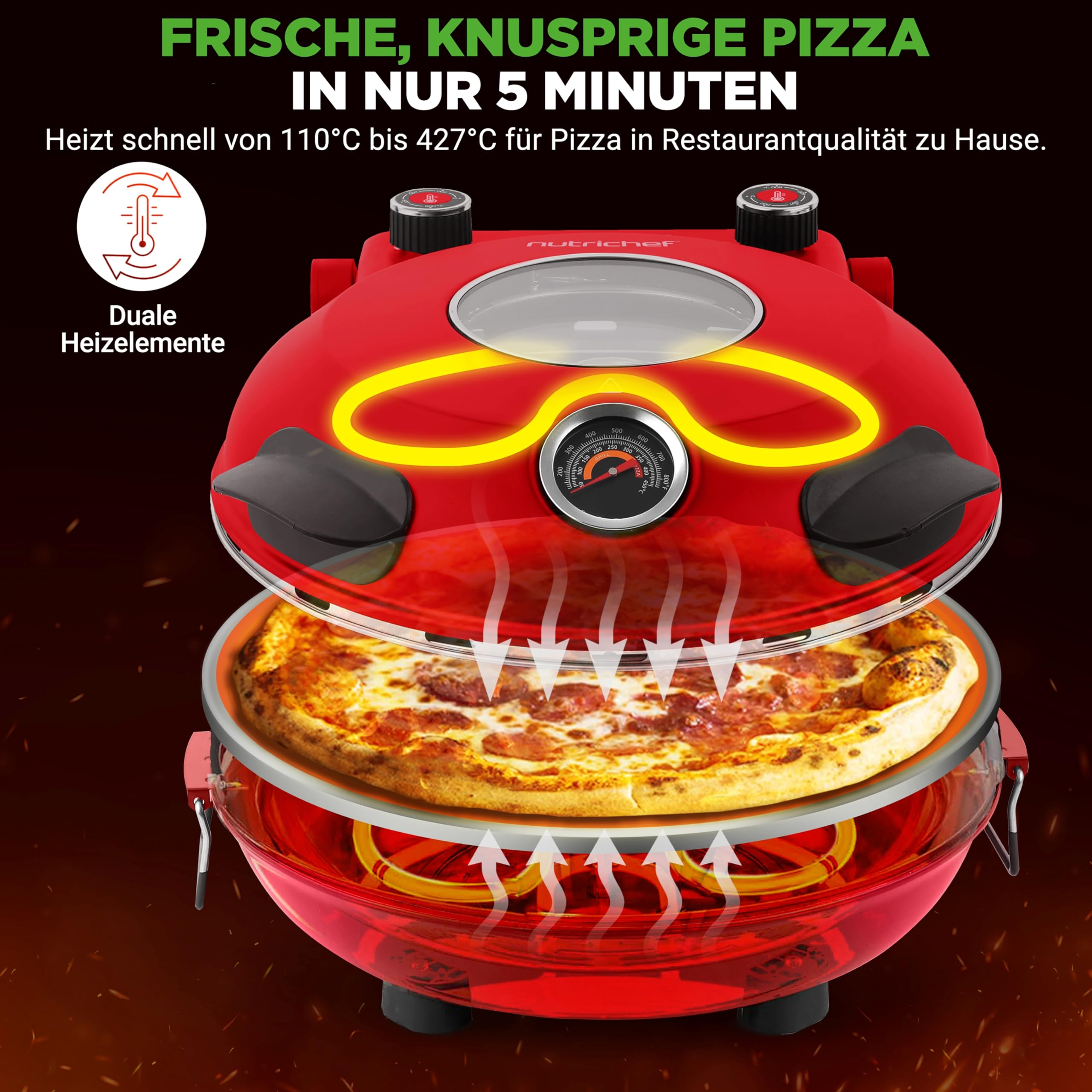 NutriChef Pizzaofen Elektrisch – Ø 35,5cm Abnehmbarer Keramikstein, 1200W bis 430°C, Ober-/Unterhitze Getrennt Regelbar, Sichtfenster, Antihaft