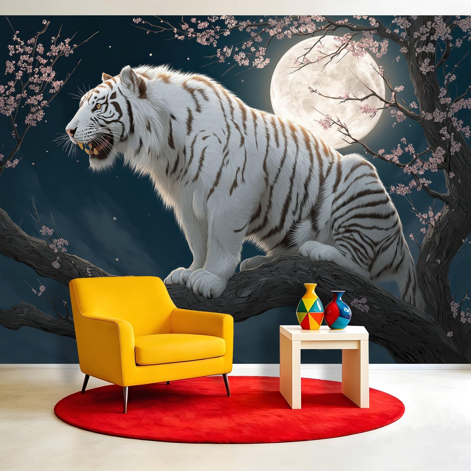 Carta da parati panoramica in tessuto non tessuto, fantasia animali, 350 x 256 cm, decorazione per soggiorno e camera da letto, effetto 3D, luna piena, fiori rami cielo notturno