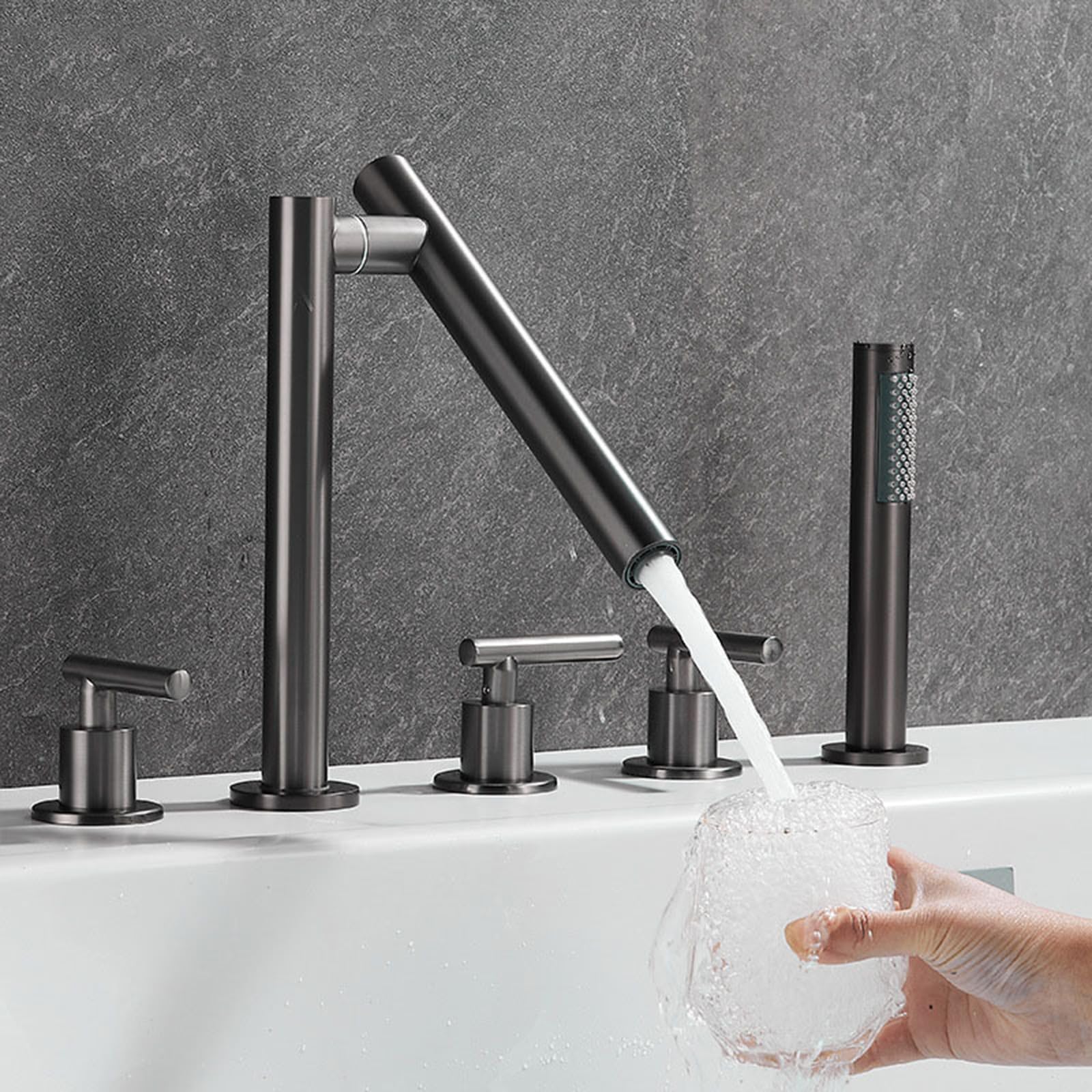 SnamicE Deck Mount 5 Hole Shower Bath Mixer Taps Black Rotating Spout Bathroom Hot Cold Water Tap Mixer Shower,Grey