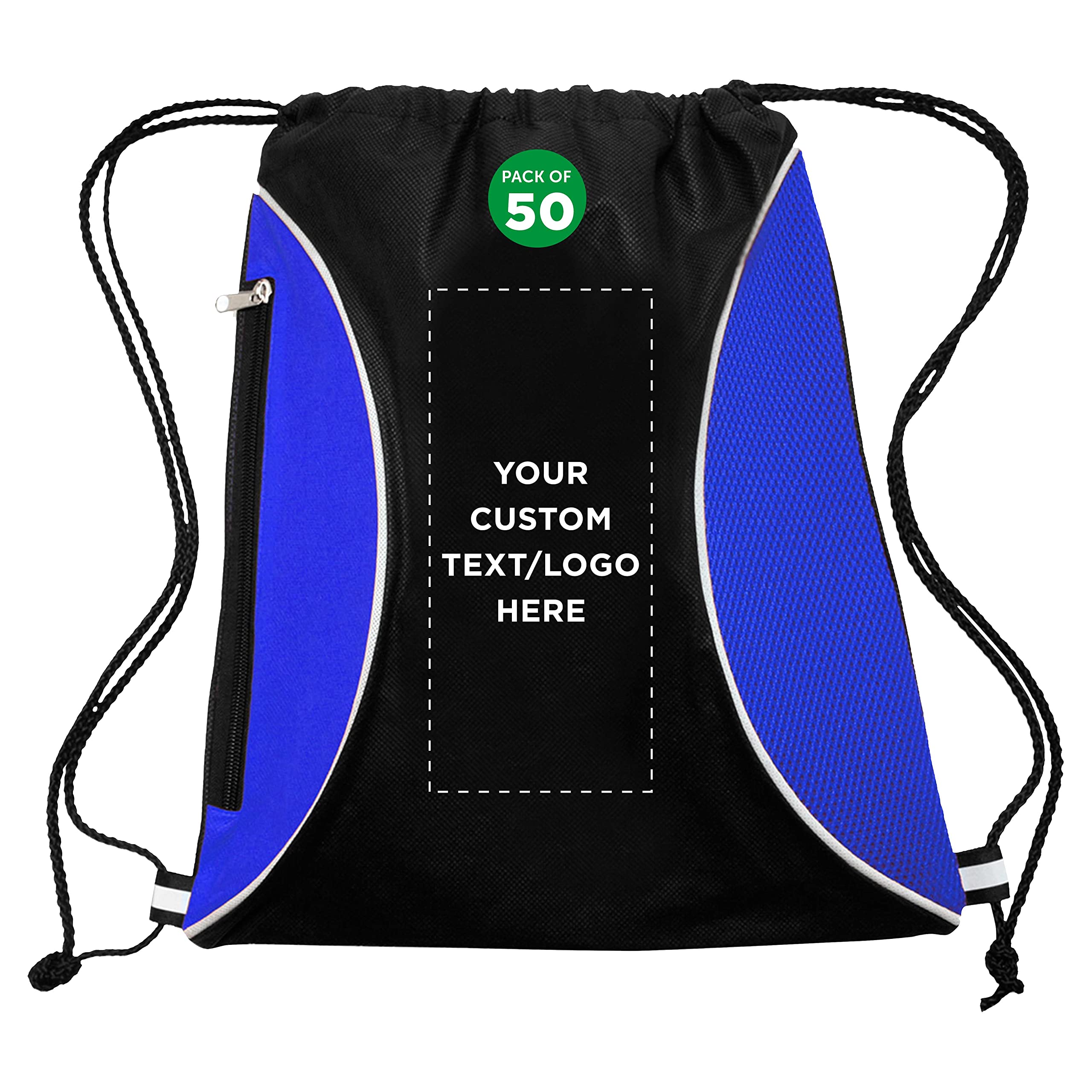 DISCOUNT PROMOSDISCOUNT PROMOS 50 Zipper Side Drawstring Backpacks Set - Customizable Text, Logo - Two tone, Minimalist, Black Ink - Blue