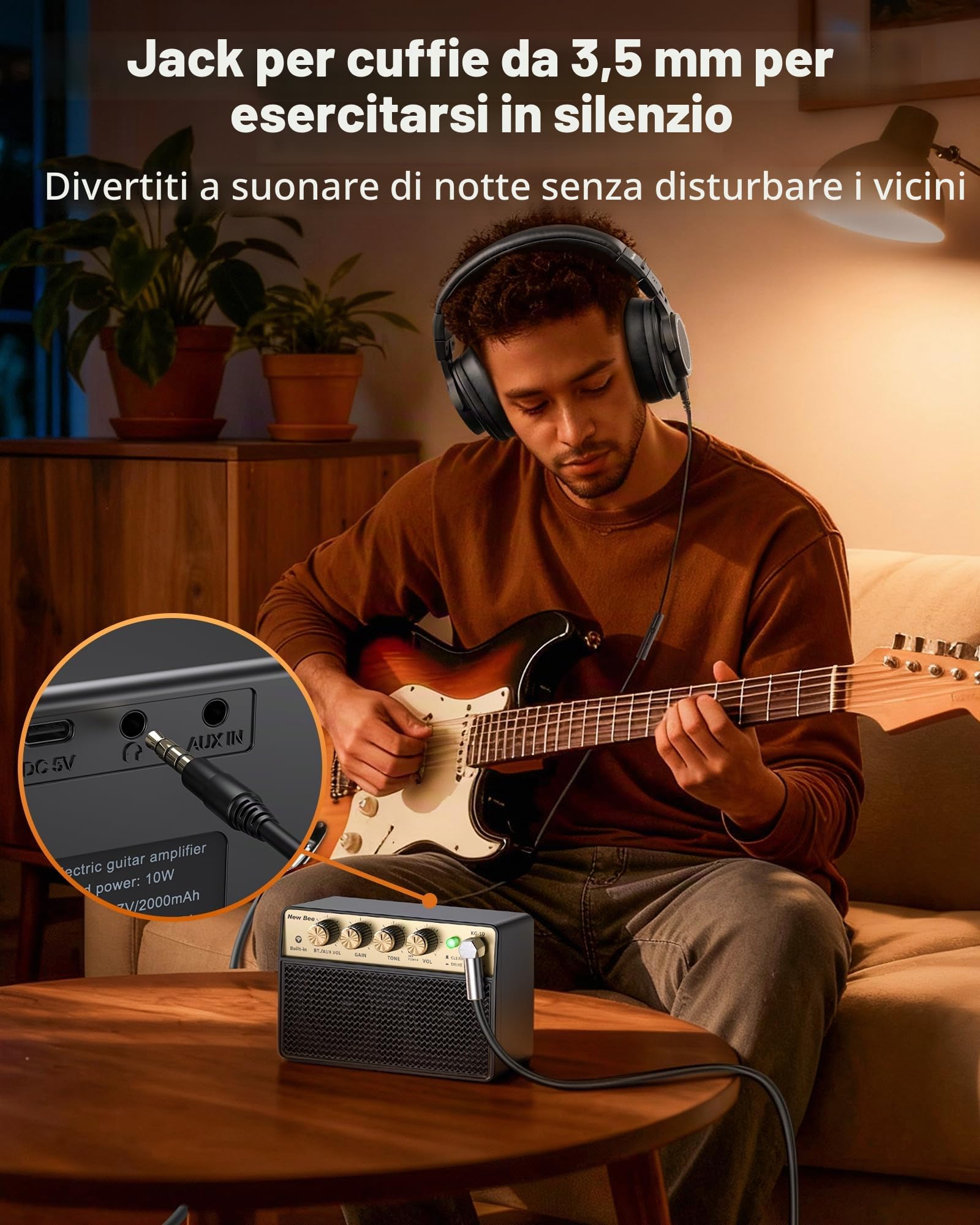 New Bee Amplificatore Chitarra Elettrica Portatile Ricaricabile 10W Mini Basso Elettrico Canale Clean & Drive 6,35mm