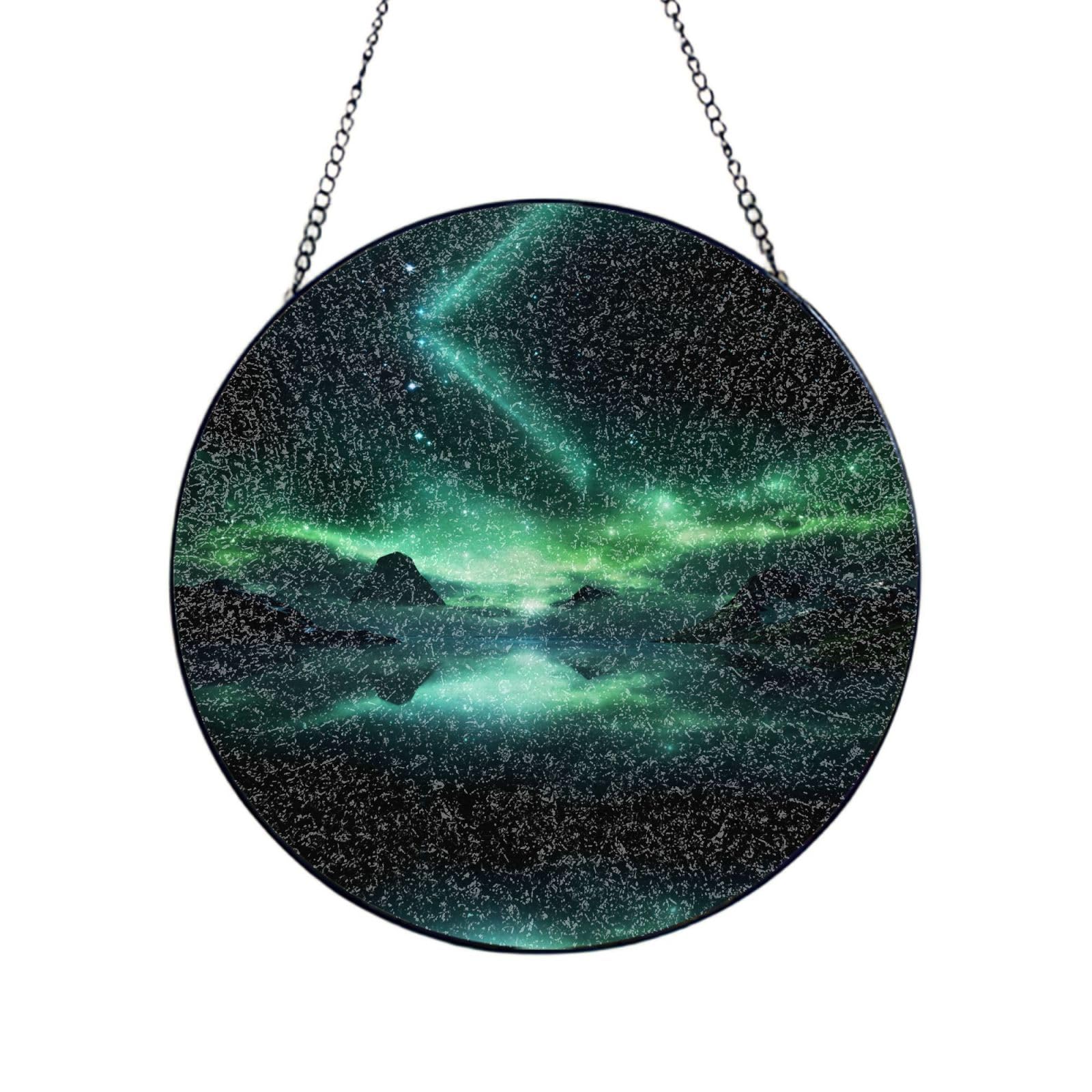 Poezjzw Stained Glass Window Hanging - Mysterious Aurora Weather Sun Catcher For Door Garden Home Decor Christmas Mother'S Day Birthday Gifts 6in（15cm）