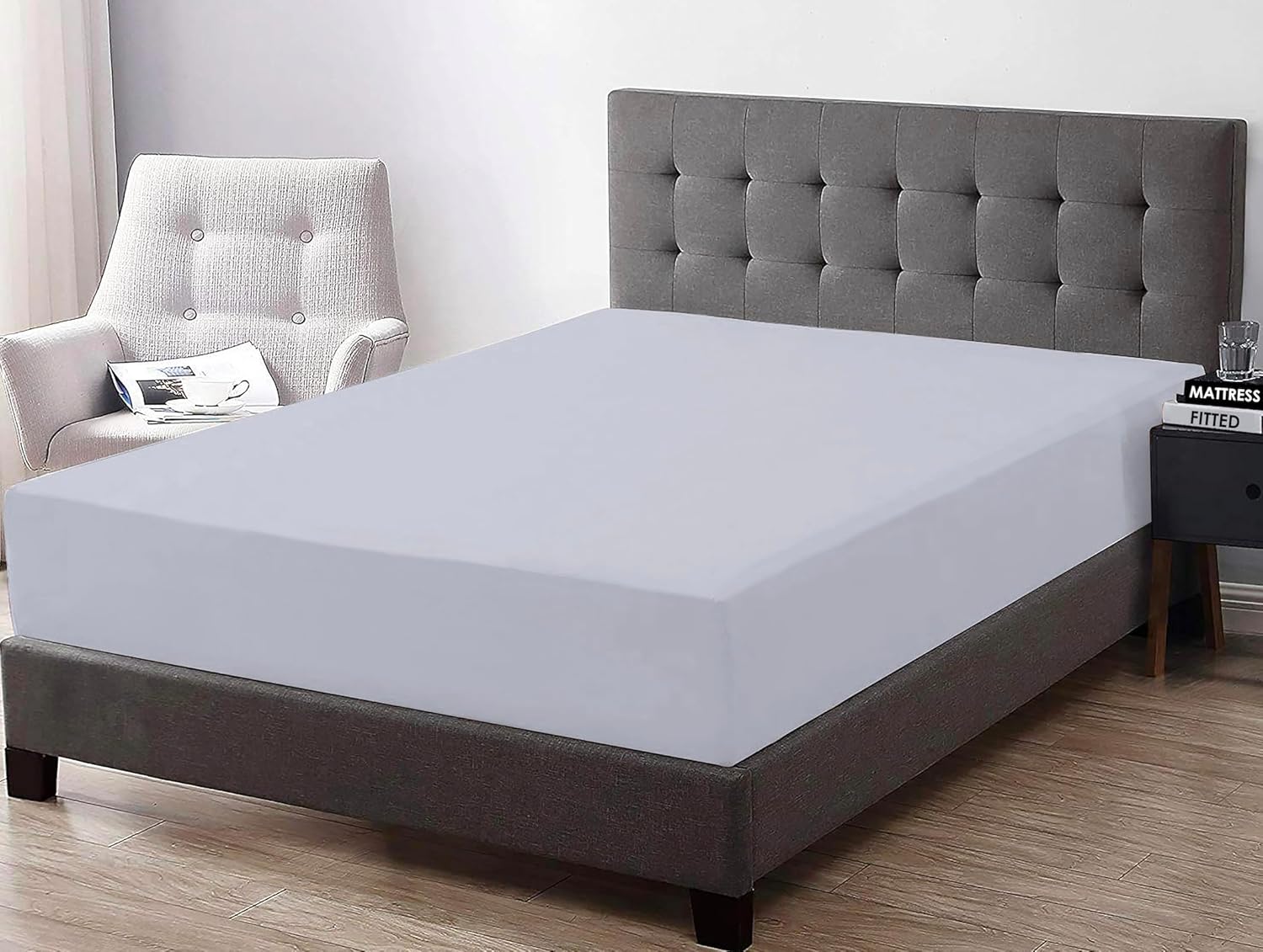 Karl & Montgomery Twin Fitted Sheet Only, 100% Cotton Sateen 400 Thread Count, Deep Pocket, No Pop-Off All-Around Elastic, Cooling Breathable, Soft Blue