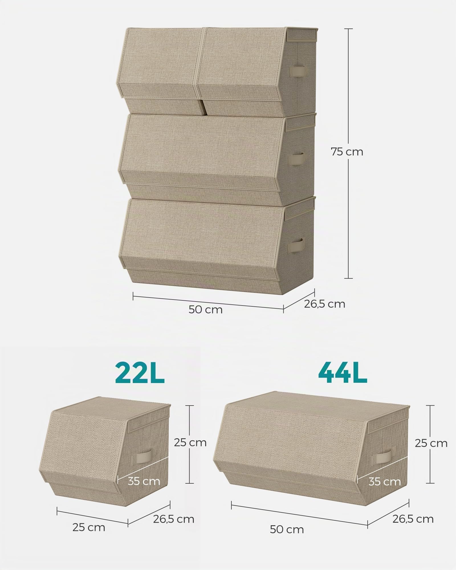SONGMICS Set di 4 Scatole con Coperchio, Organizzatori Impilabili | Contenitori con Chiusura Magnetica, in Tessuto, Struttura in Metallo, Beige Sabbia, Collezione TINA RLB022Y02V1