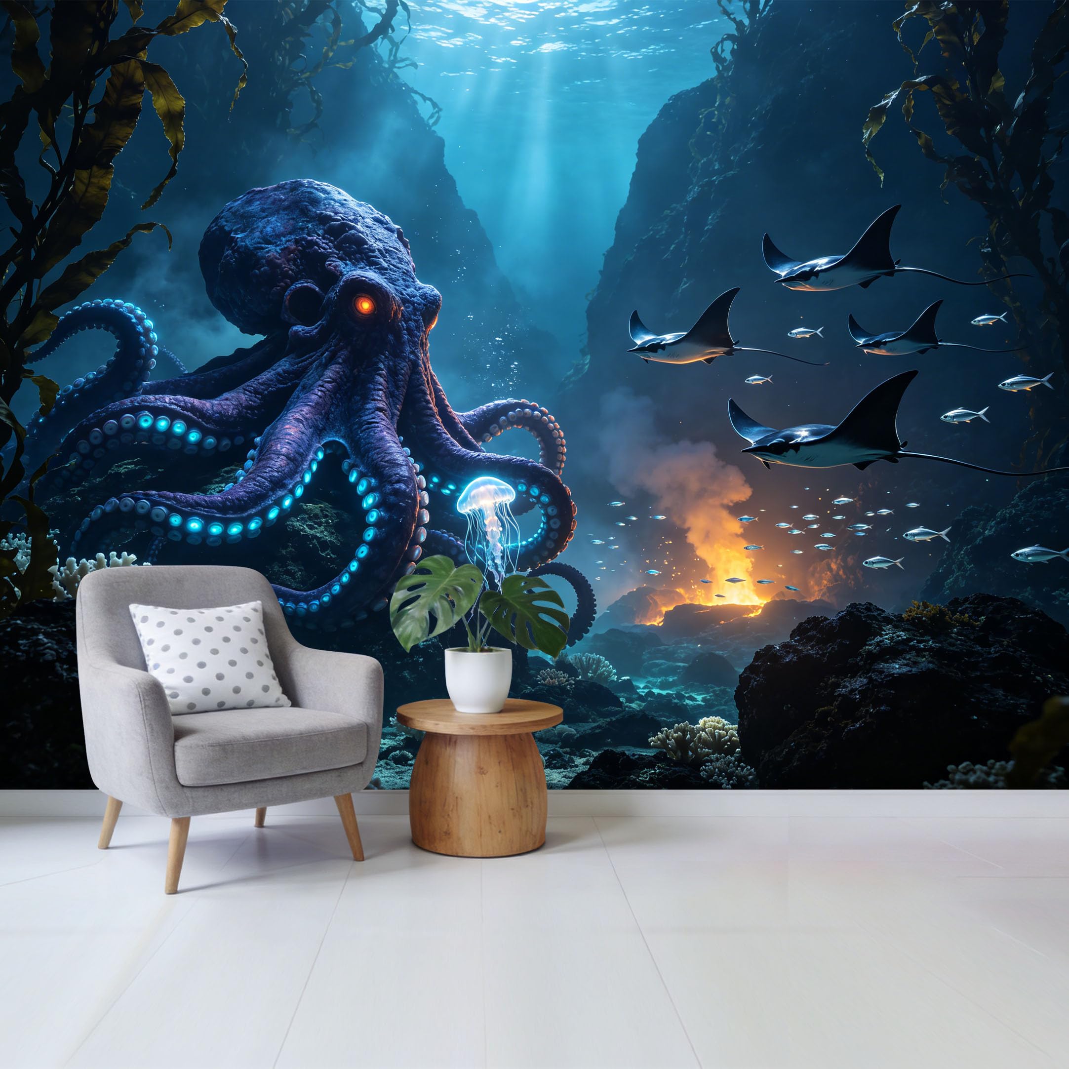 Custom Size Wall Mural Ocean Deep Sea Octopus Coral Reef and Manta Rays 3D Marine Underwater Scene Removable Self Adhesive Fabric Home Wall Decor for Living Room Bedroom Bathroom