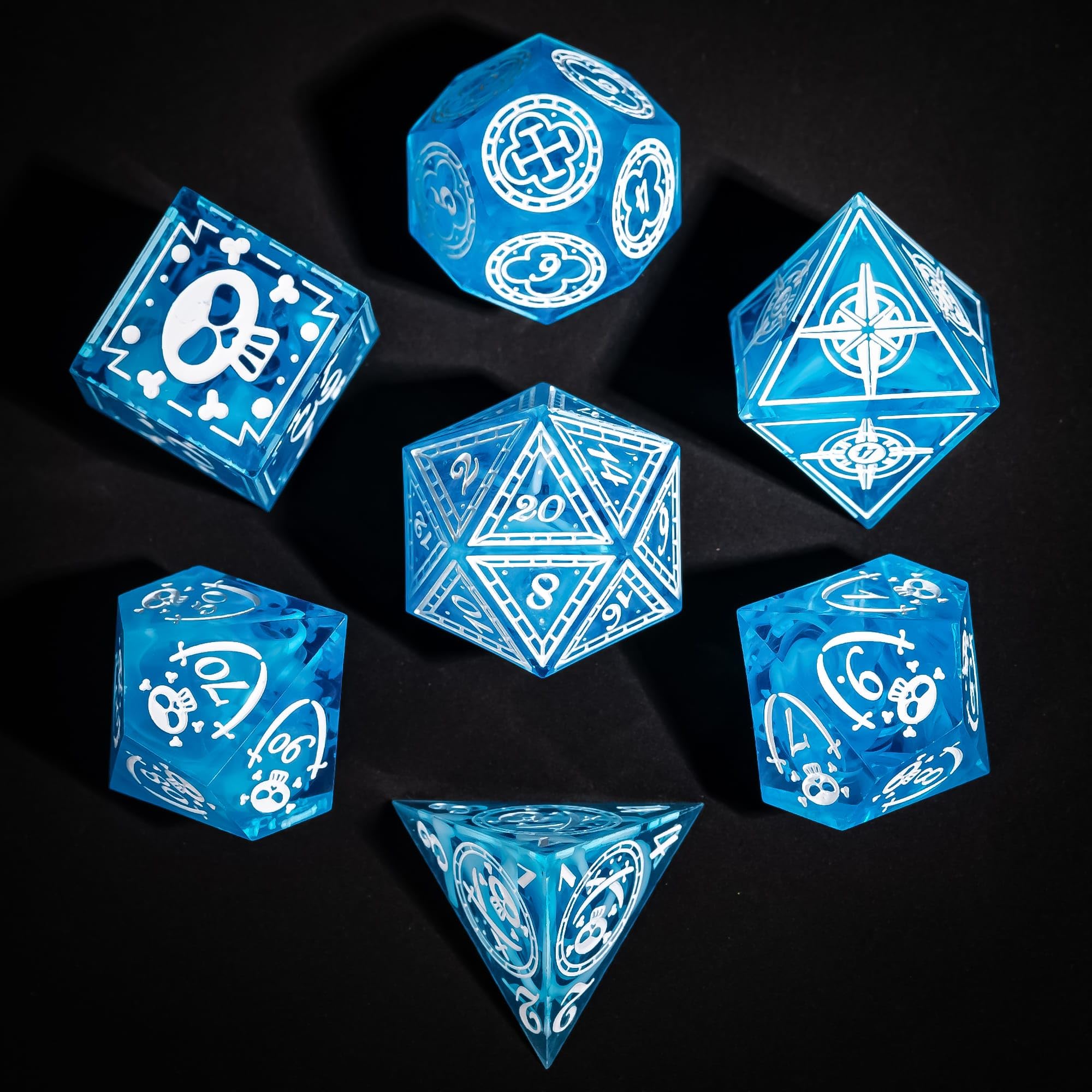 Cusdie 7-Piece Sharp Edges DND Dice Set with Pirate Design - Perfect for Tabletop RPGs Board Games Gifting and Collecting(Blue w/White Pirate Pattern) â image 1