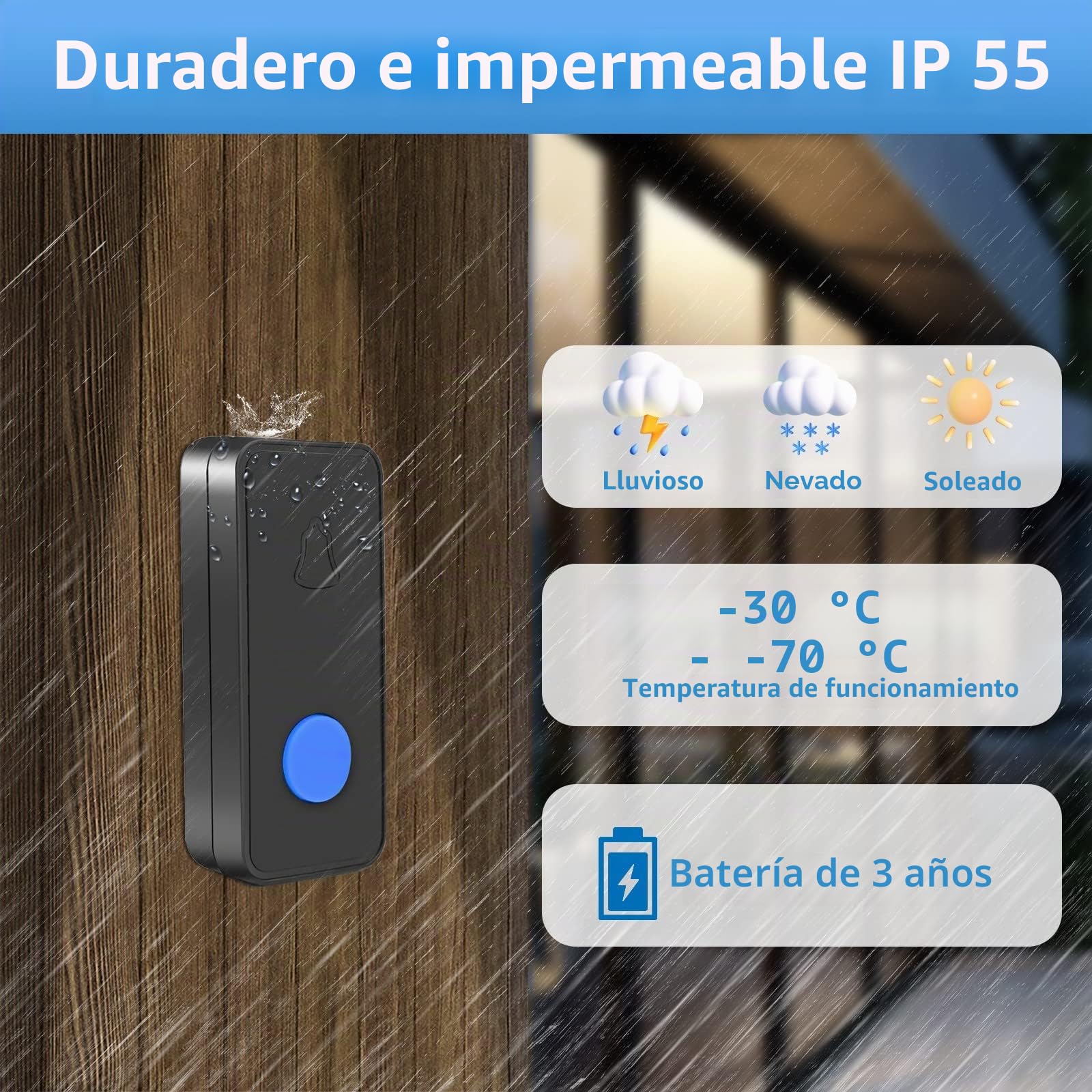 Nestling Timbre Inalámbrico, Kit Timbre Inalámbrico Exterior Impermeable IP55, Alcance 300m, 55 melodías, 5 Niveles de Volumen, LED Azul para Emergencias en el Hogar Oficina, Negro