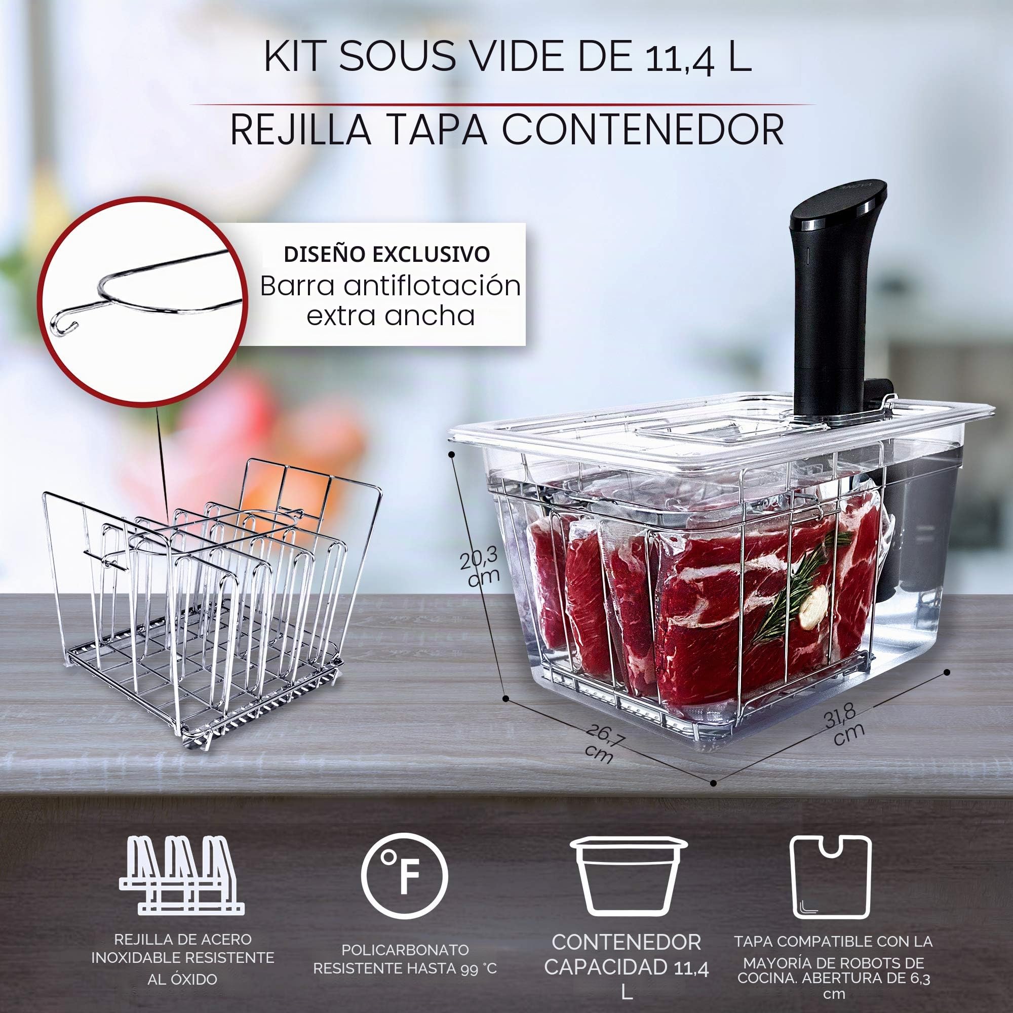 VÄESKE Recipiente Sous Vide con Tapa y Rejilla | Previene Flotación | Cocina a la perfección | Compatible con la Mayoría de los Roner Sous Vide (11 L)
