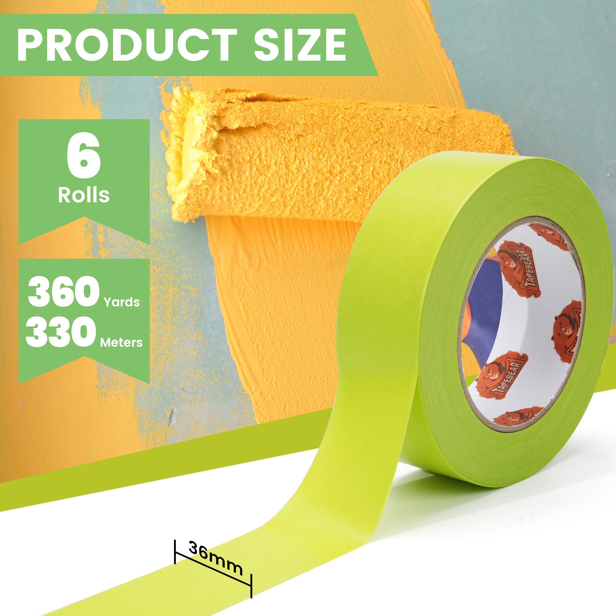 TAPEBEAR Ruban de Masquage Vert 36mm x 55m x 6 Rouleaux, Faible adhésion