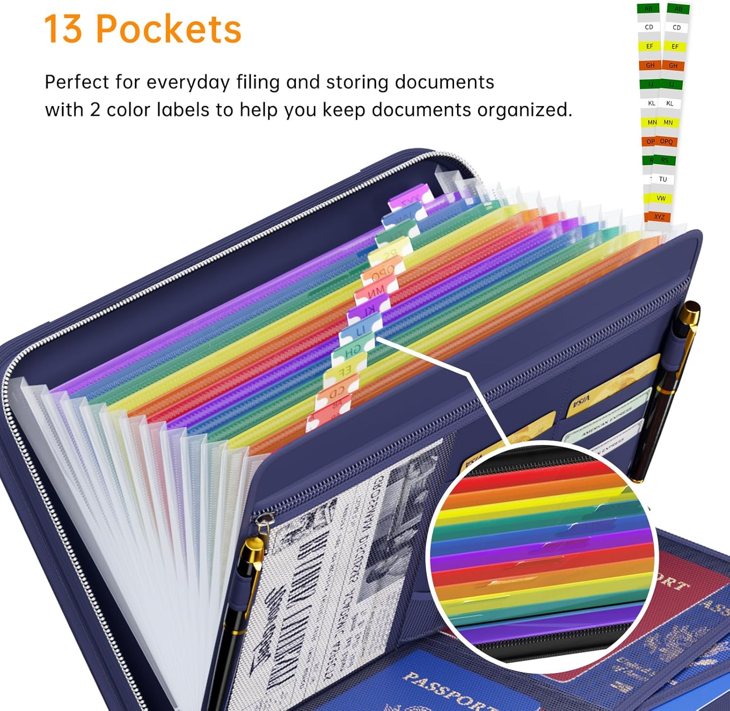 Tamfile Fireproof Accordion File Organizer with Handle, 13 Pocket Colorful Expanding File Folder with Zipper & Labels, File Folder with Multi-Pockets Paper Organizer Folder for Letter A4 Files (Blue)