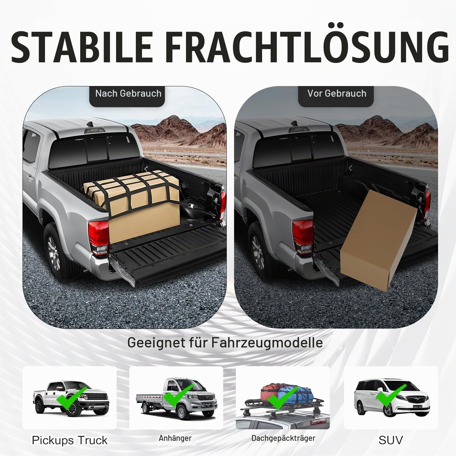 Cargo Net Gepäcknetz für Pickup & LKW Ladefläche/Heckklappe 167cm x 127cm – 500kg Schwerlast Frachtnetz Reißfest aus Nylon, verstellbar mit 4 Festgurten, S-Haken & Tragtasche