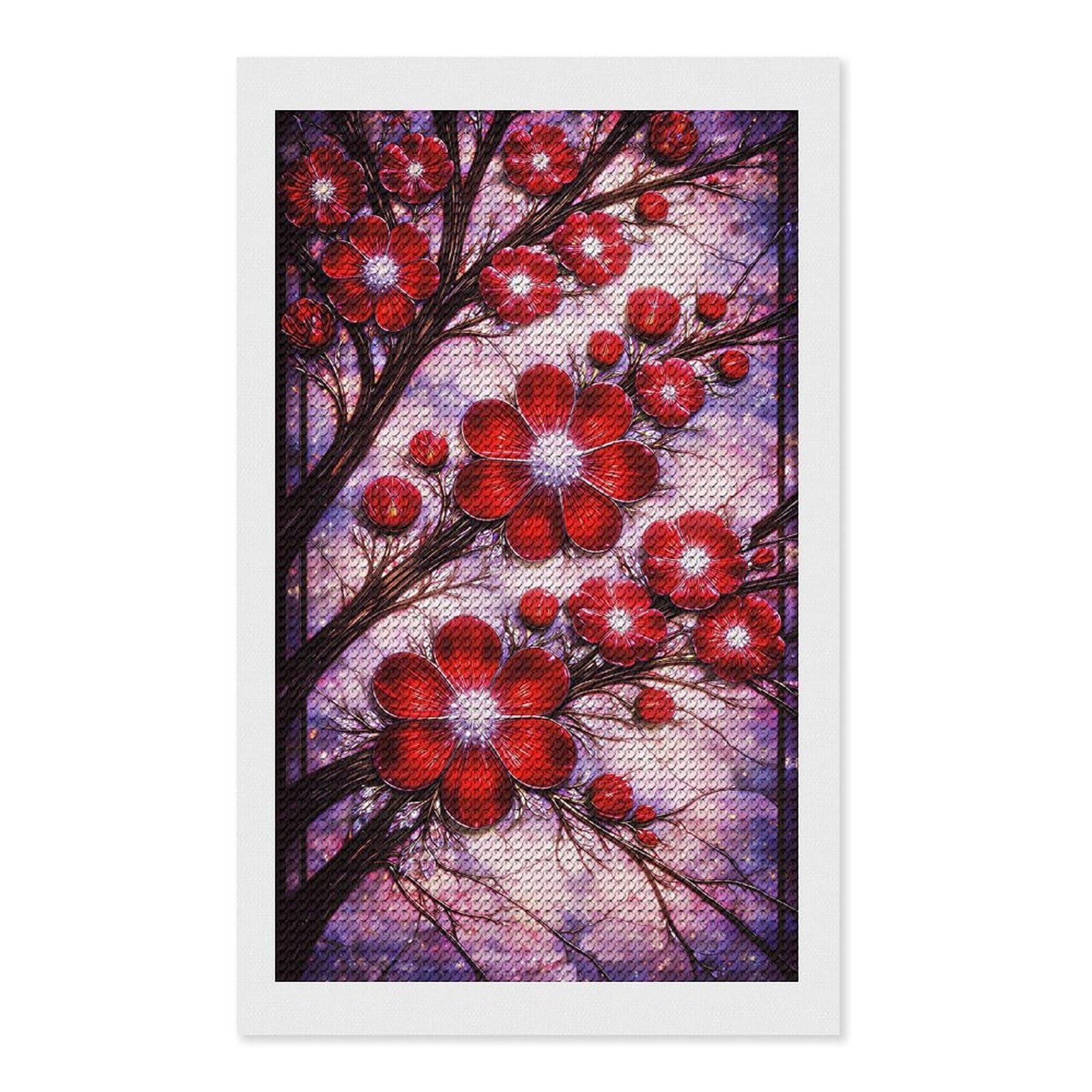 Junmoney Red Flowers on Branches Diamond Painting Set 12"x20", for Beginners, Modern Decor, Simple to Start, Gift Idea, Pleasing Wall Art Project