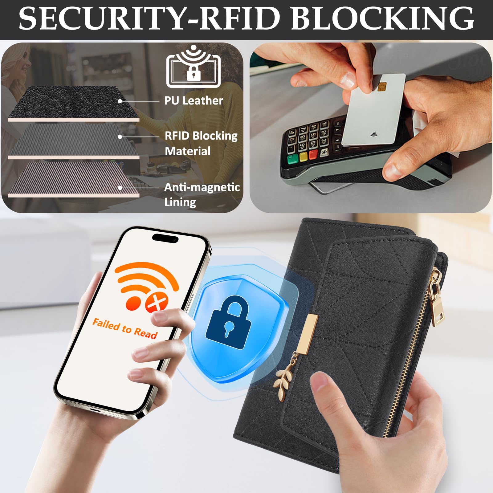 REETEE Porte Monnaie Femme en Cuir PU Rétro Petit Portefeuille Femme Blocage RFID Porte Feuille pour Femme, Portefeuilles avec 16 Emplacements Cartes et Fermeture éclair Poche à Monna (Noir)