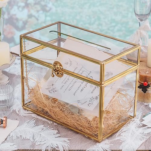 Miniatura 7 de NCYP Caja para tarjetas de boda con ranura, 9.8 x 5.6 x 7.7 pulgadas, caja sobre de vidrio dorada para recepción de fiesta de cumpleaños, centro de