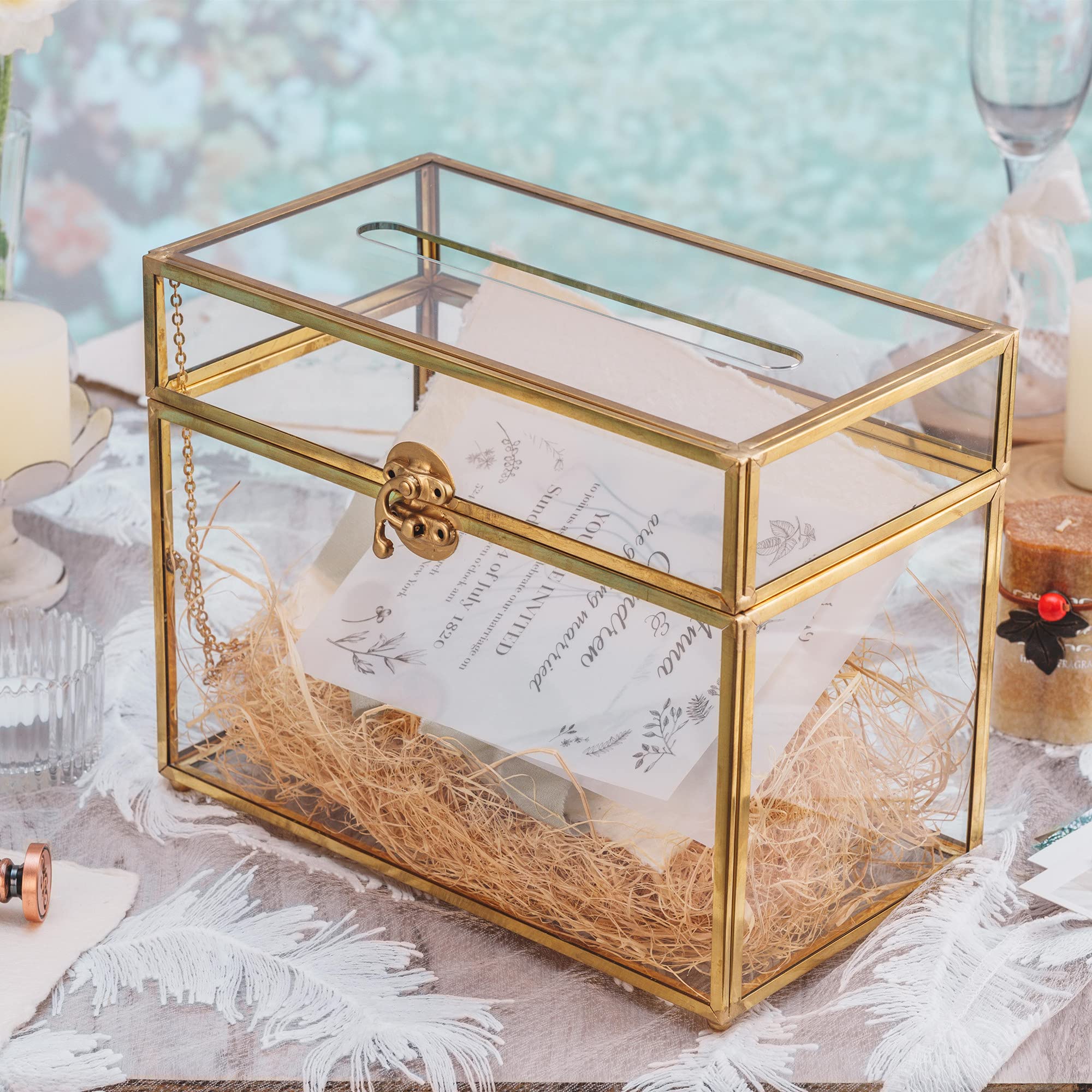 NCYP Caja de tarjetas de cristal de 25,4 cm Rectangular con forma de terrario, dorado con pie para recepción de boda, recuerdo de, centro de fiesta recipiente (solo caja de vidrio)