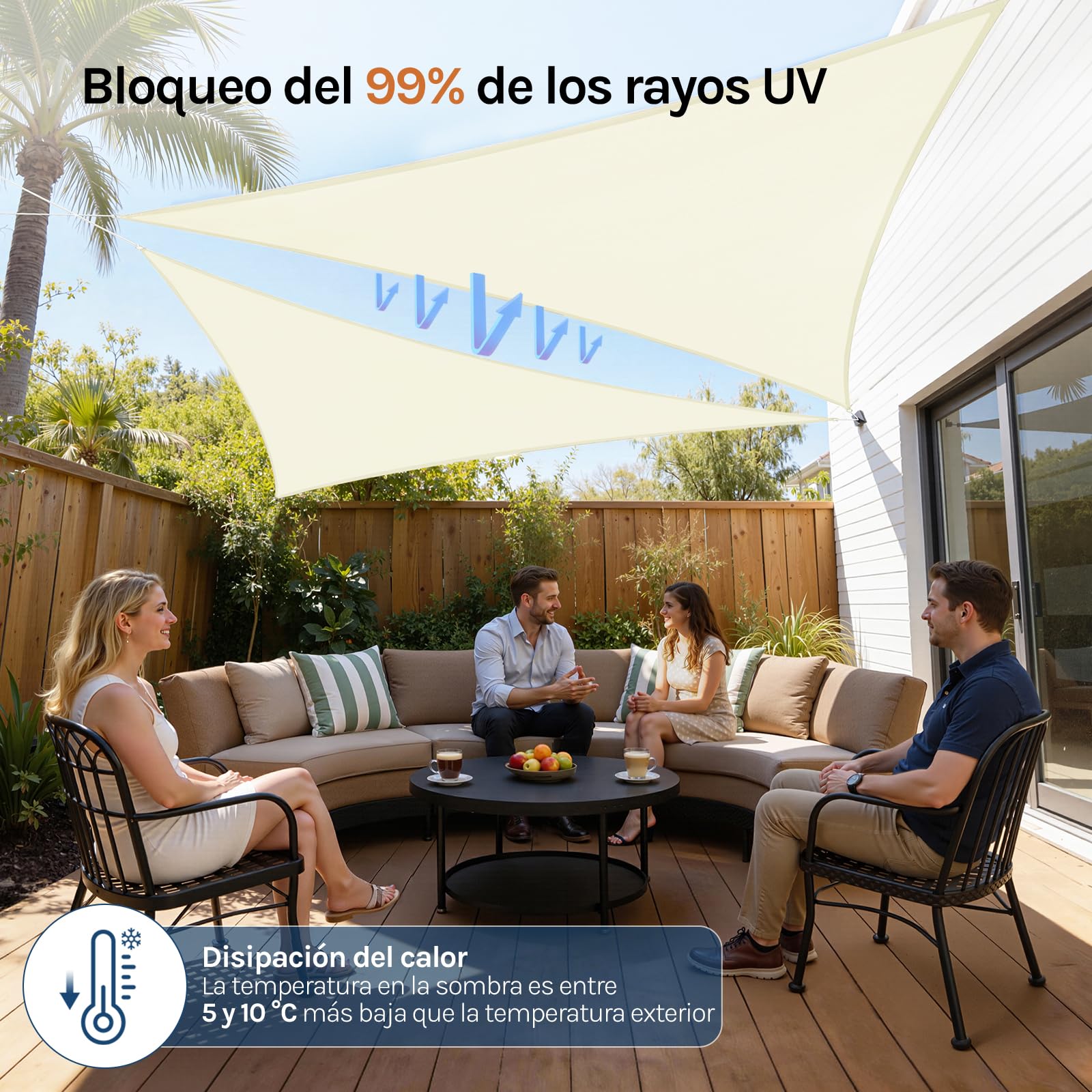 WOLTU Toldo Vela de Sombra Triangular 5x5x7 m HDPE Transpirable Anti Rayos UV Solar protección 85% Resistente y para Jardín, Patio, Exteriores Arena, Crema