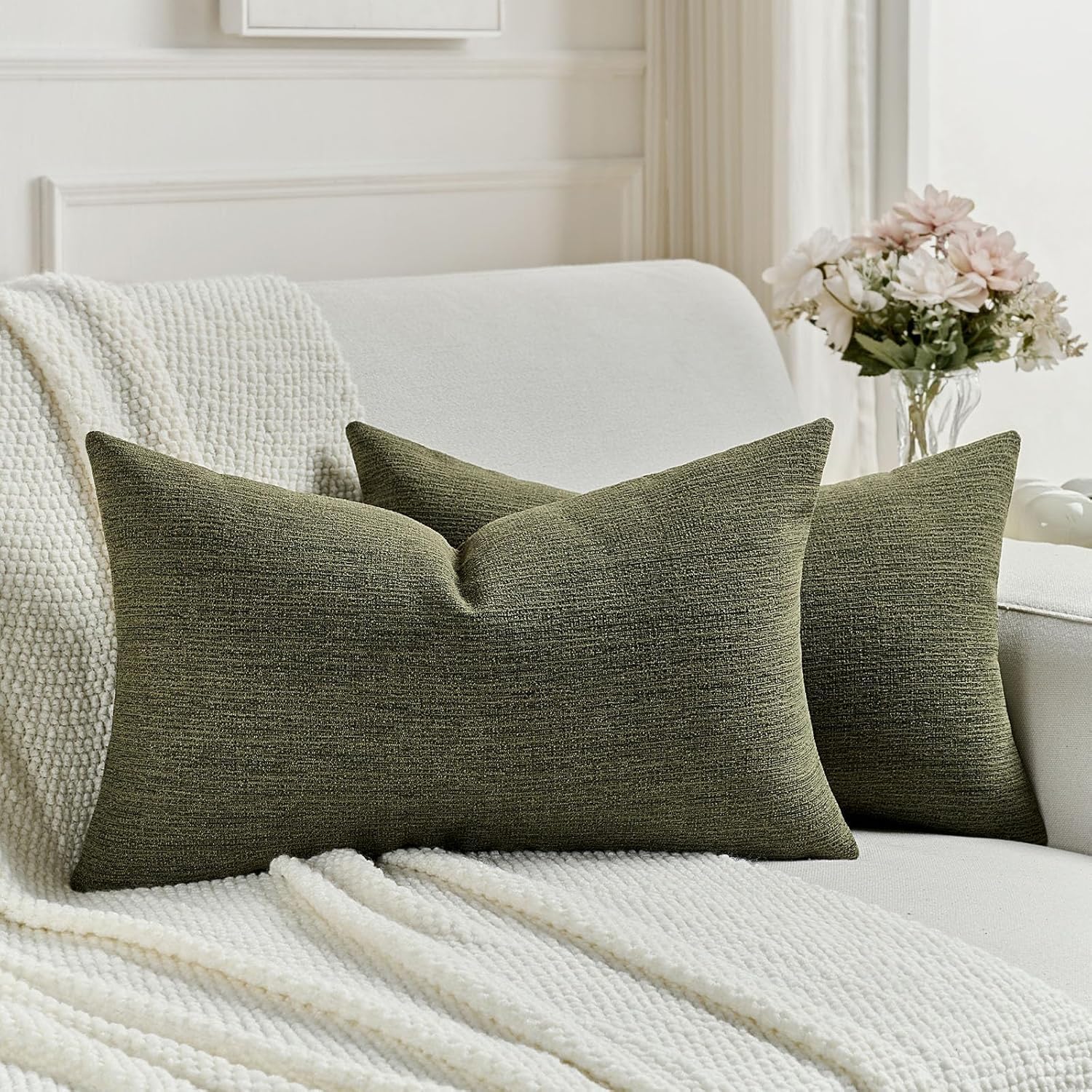 FUTEI Set of 2 Soft Chenille 30x50 cm Cushion Covers Textured Natural Faux Linen Scatter Pillowcase 30 x 50 cm Farmhouse Accent for Sofa Bedroom Living Room, Moss Green