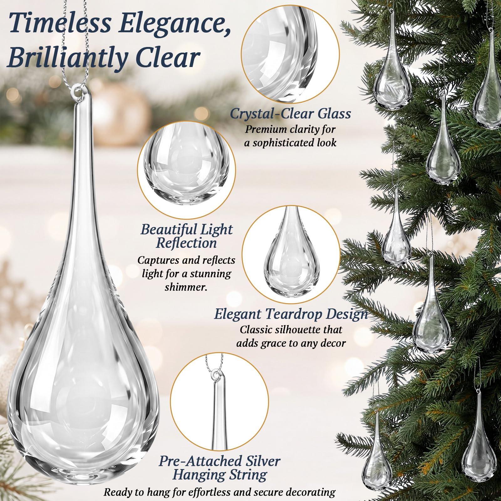 Seenelling Lot de 12 décorations en verre transparent en forme de goutte d'eau pour sapin de Noël, 3 tailles de chandelier en cristal de rechange, décoration d'intérieur à suspendre avec ficelle pour