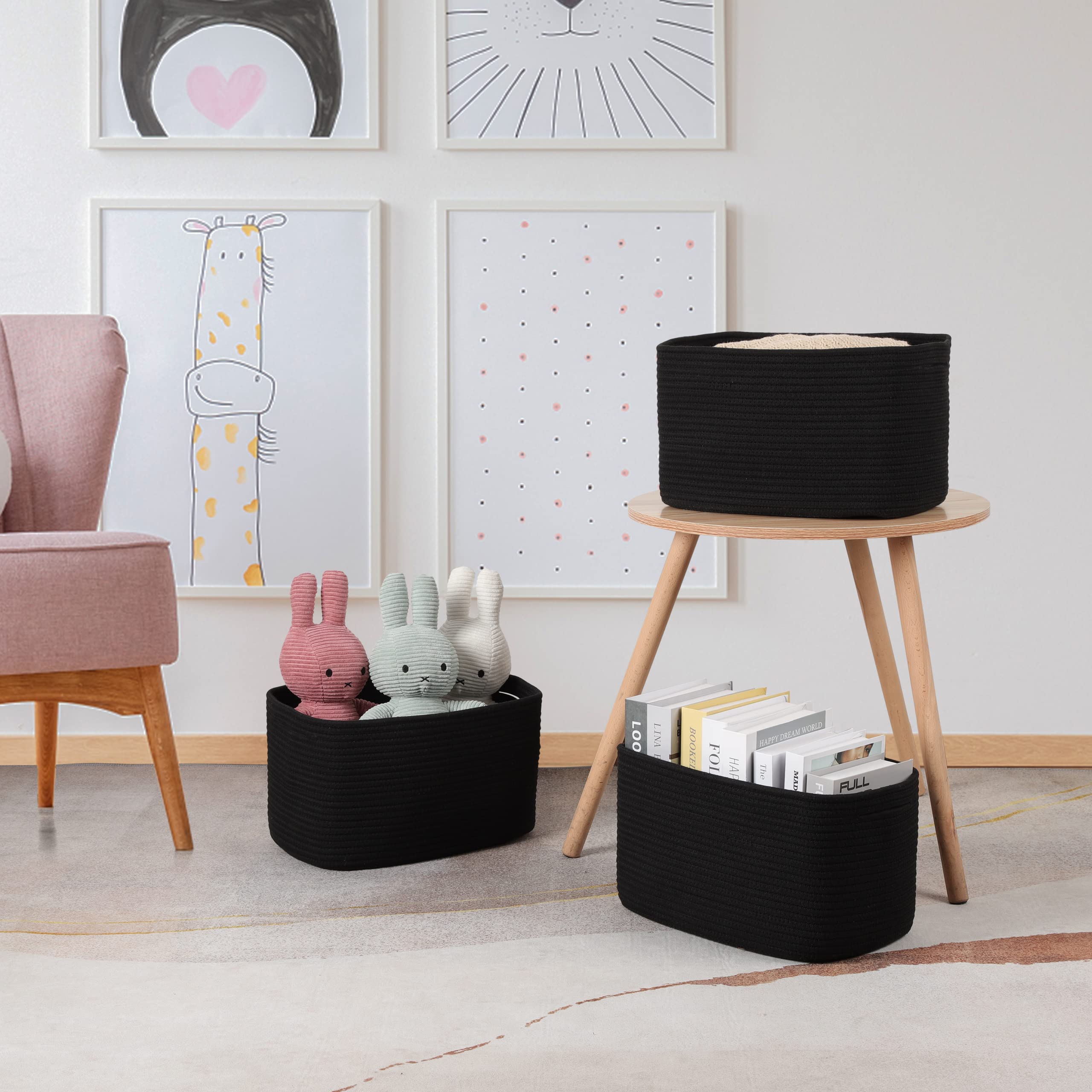 Cesta de almacenamiento rectangular, cuerda de algodón blanco, 36,8 x 24,1 x 23,6 cm, cestas decorativas para organizar estanterías, ropa, juguetes, libros y toallas, organizador trenzado, set de 3