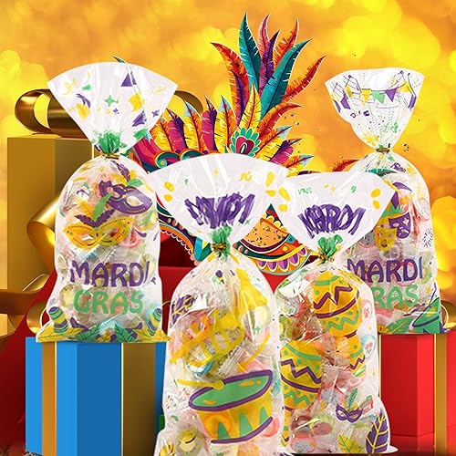 Miniatura 4 de 200 bolsas de dulces de galletas de celofán Mardi Gras con 220 lazos giratorios regalo a granel diseño de carnaval placa bolsas de golosinas para