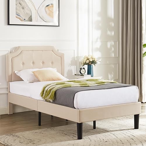 VECELO Premium Upholstered Platform Bed Diamond Stitched Panel Headboard, Metal Frame & 12 Strong Wood Slat Support, Mattress Foundation/Easy Assembly,Twin,Beige