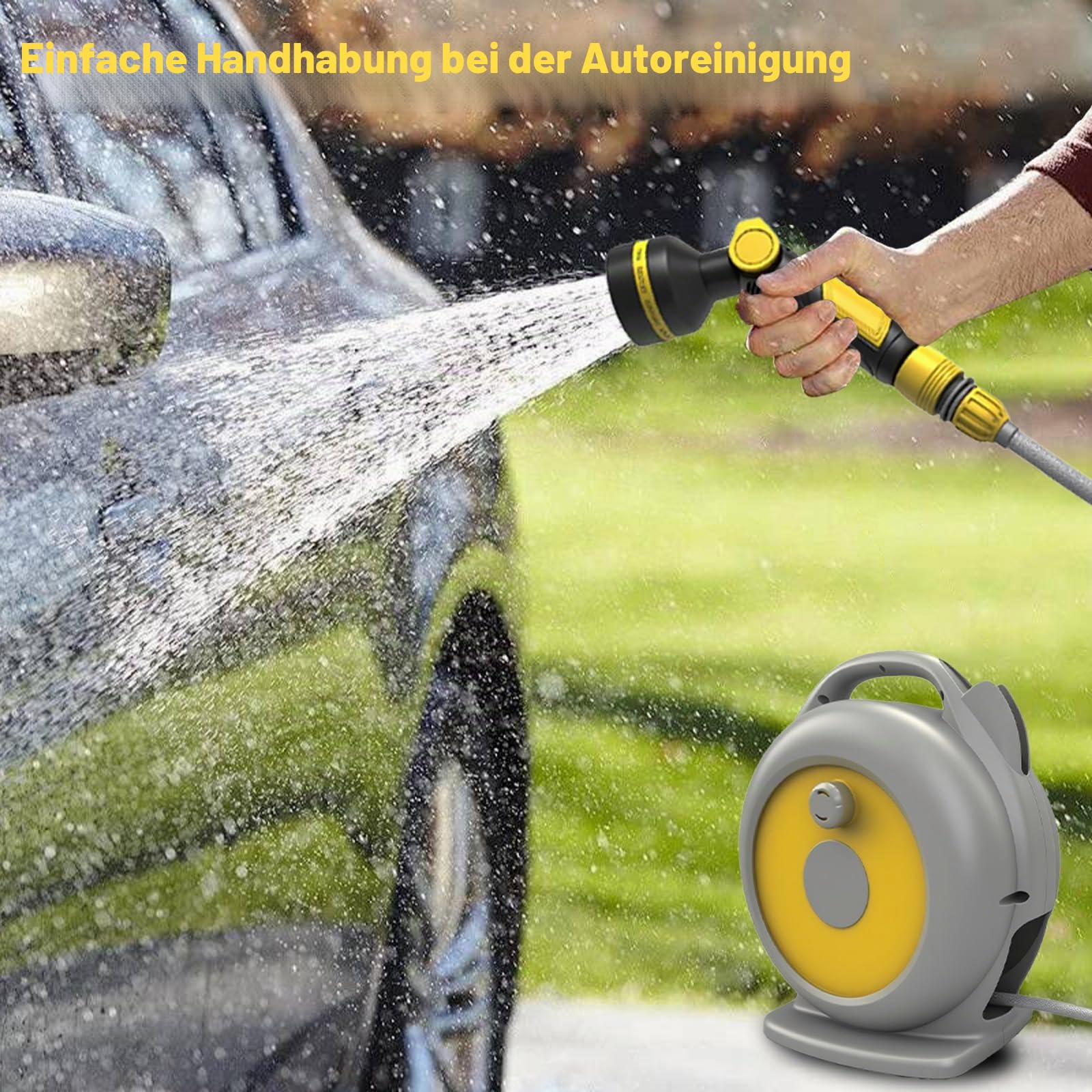 Garten Schlauchtrommel, Mobile Einziehbarer Gartenschlauch, Schlauchaufbewahrung mit 10-Funktionen-Multi-Handbrause, Schlauchaufroller für Ordentlich und tragbar, mit 15m Gartenschlauch