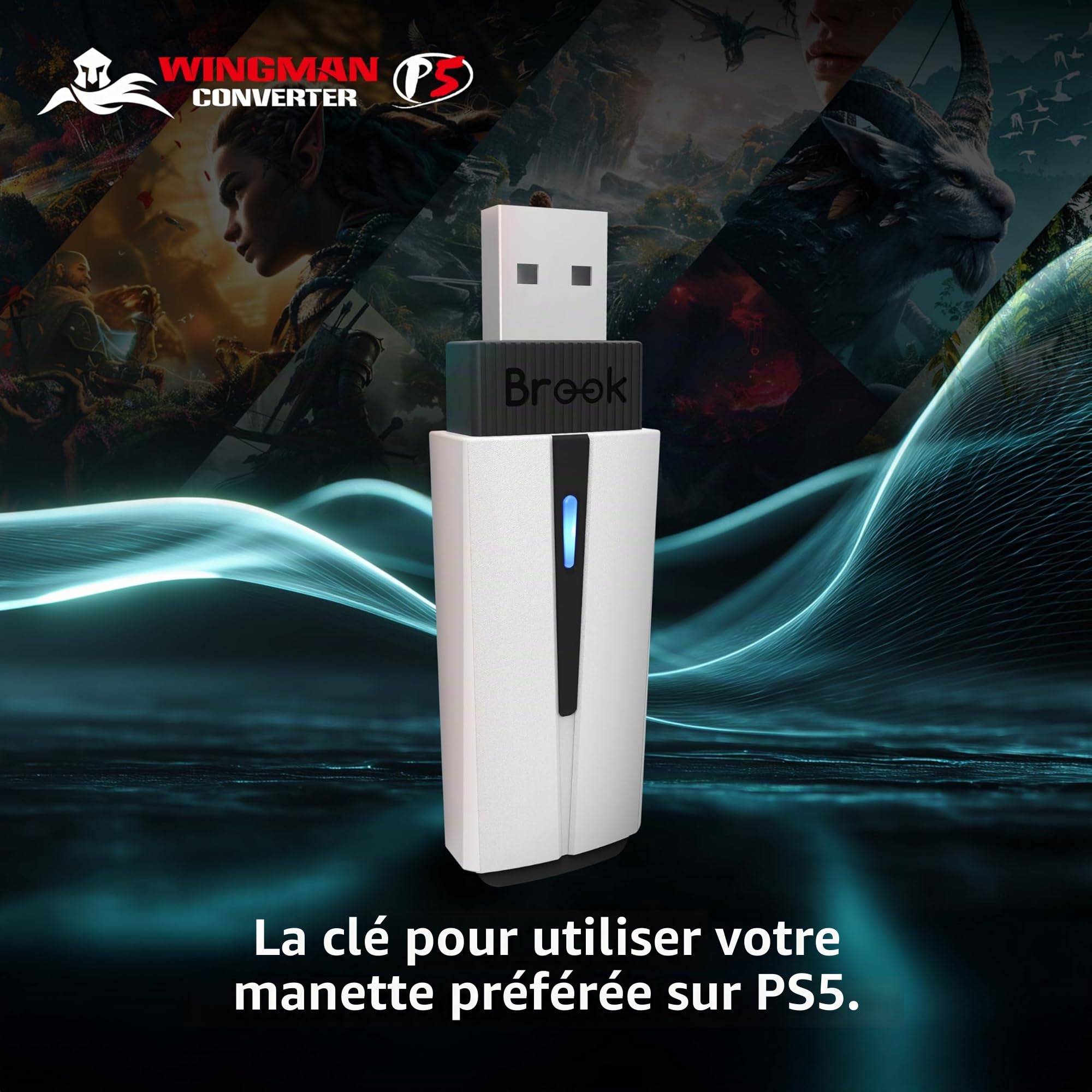 Brook Wingman P5 - Convertisseur de contrôleur PC P5 P4 avec support sans fil et filaire, vibration, mouvement six axes, turbo, macro, remap via le logiciel Converter Center (version exclusive)