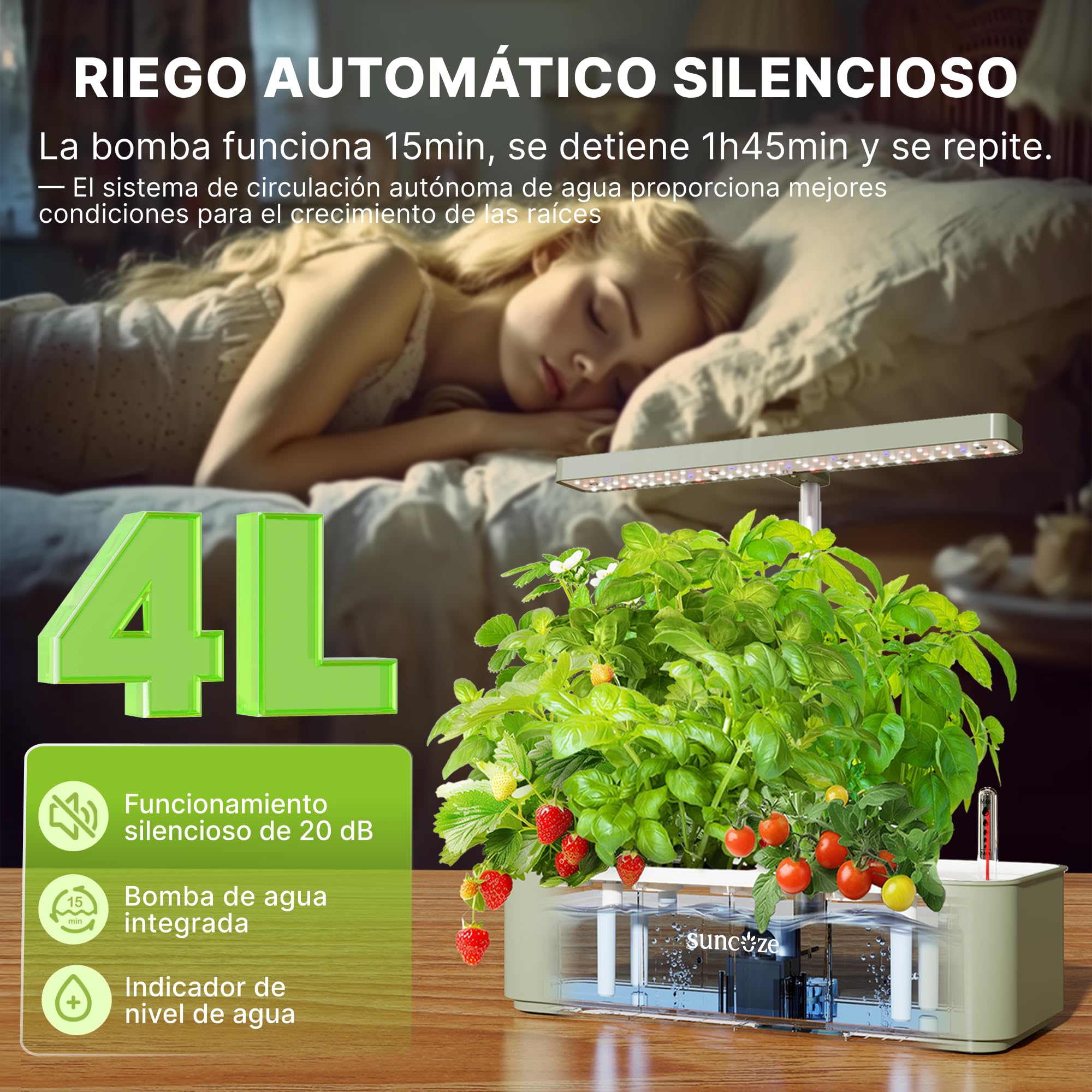 SUNCOZE Sistema de Cultivo Hidropónico Kit de Cultivo Interior con Iluminación LED Automática, Smart Garden 12 Pods, Altura Regulable, depósito de Agua de 4 l, Bomba silenciosa